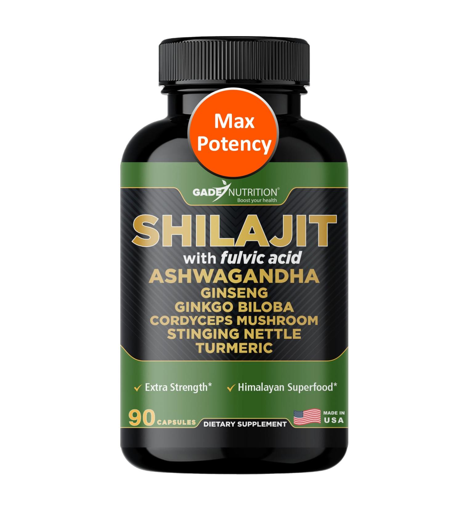 Gade Nutrition Pure Himalayan Organic - Shilajit Capsules - Premium Shilajit for Men and Women - with Ashwagandha Ginseng Cordyceps Mushroom Ginkgo Biloba Turmeric and Stinging Nettle - Made in USA - Buy Online on GoSupps.com