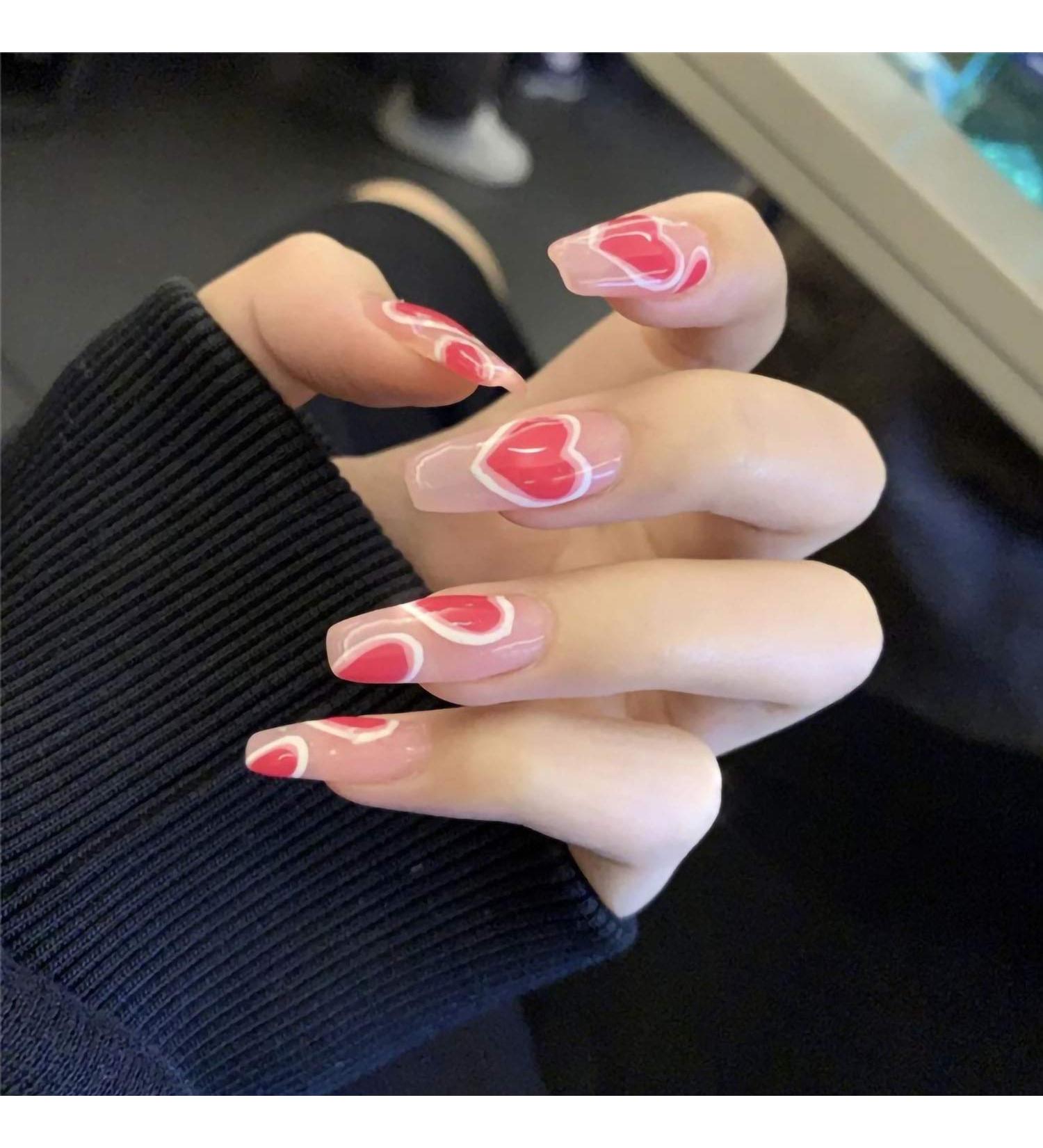 Love Heart Press-On Nails 24pcs Rose Red Full Cover Long Coffin Fake Nails for Women & Girls | Perfect Love Style Design - Buy Online on GoSupps.com