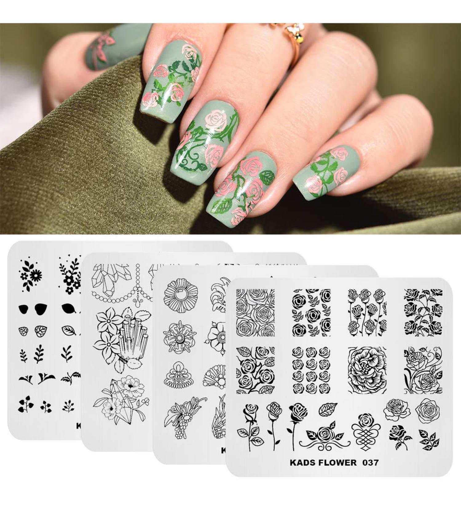 4pcs Flower & Gemstone Nail Stamping Plate Set | DIY Nail Art Tools for Manicure | International Shipping - Buy Online on GoSupps.com