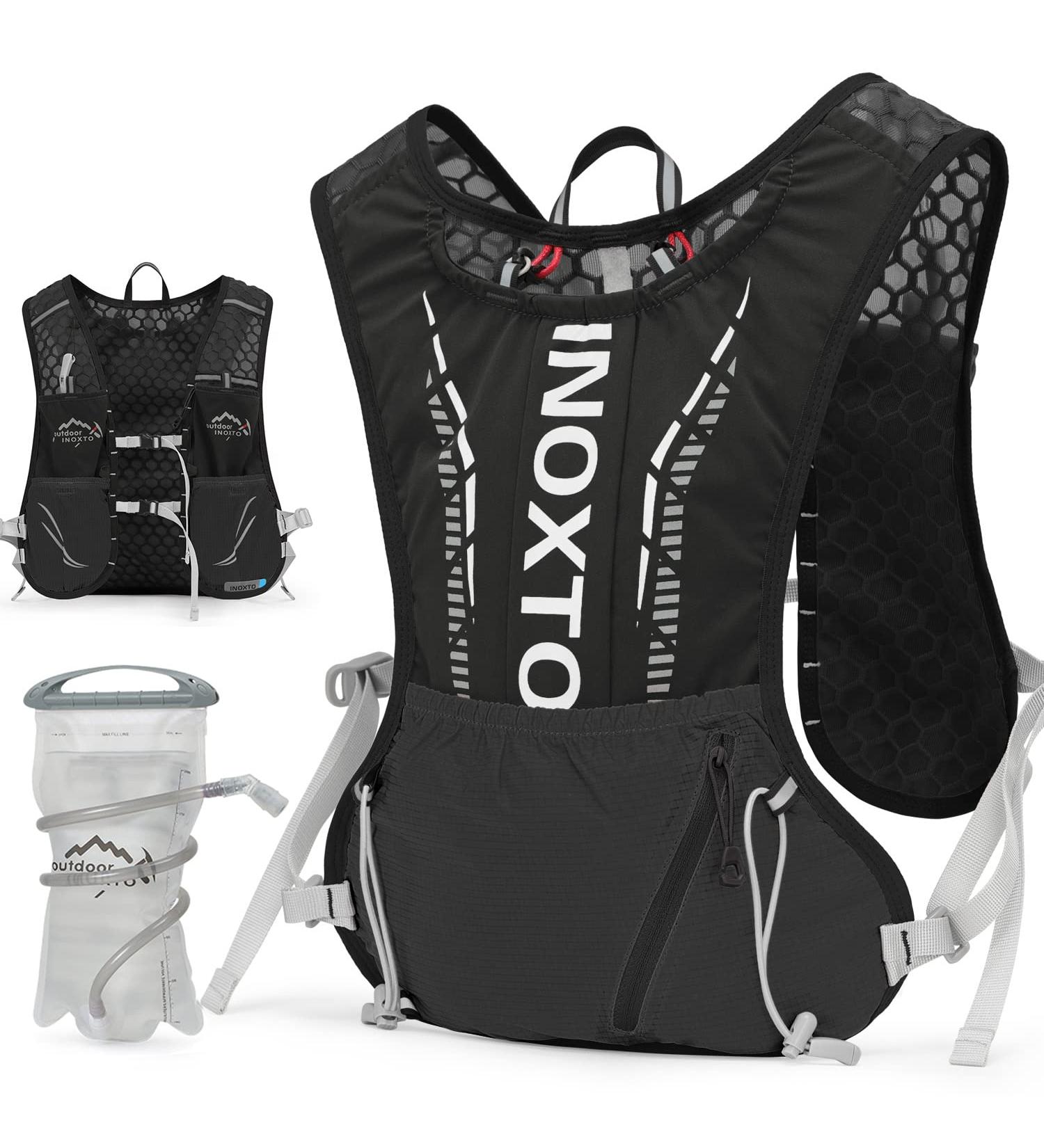 INOXTO Hydration Vest Backpack with 1.5L Water Bladder Bag - Lightweight Water Pack for Running, Hiking, Cycling - Black/White - Buy Online on GoSupps.com