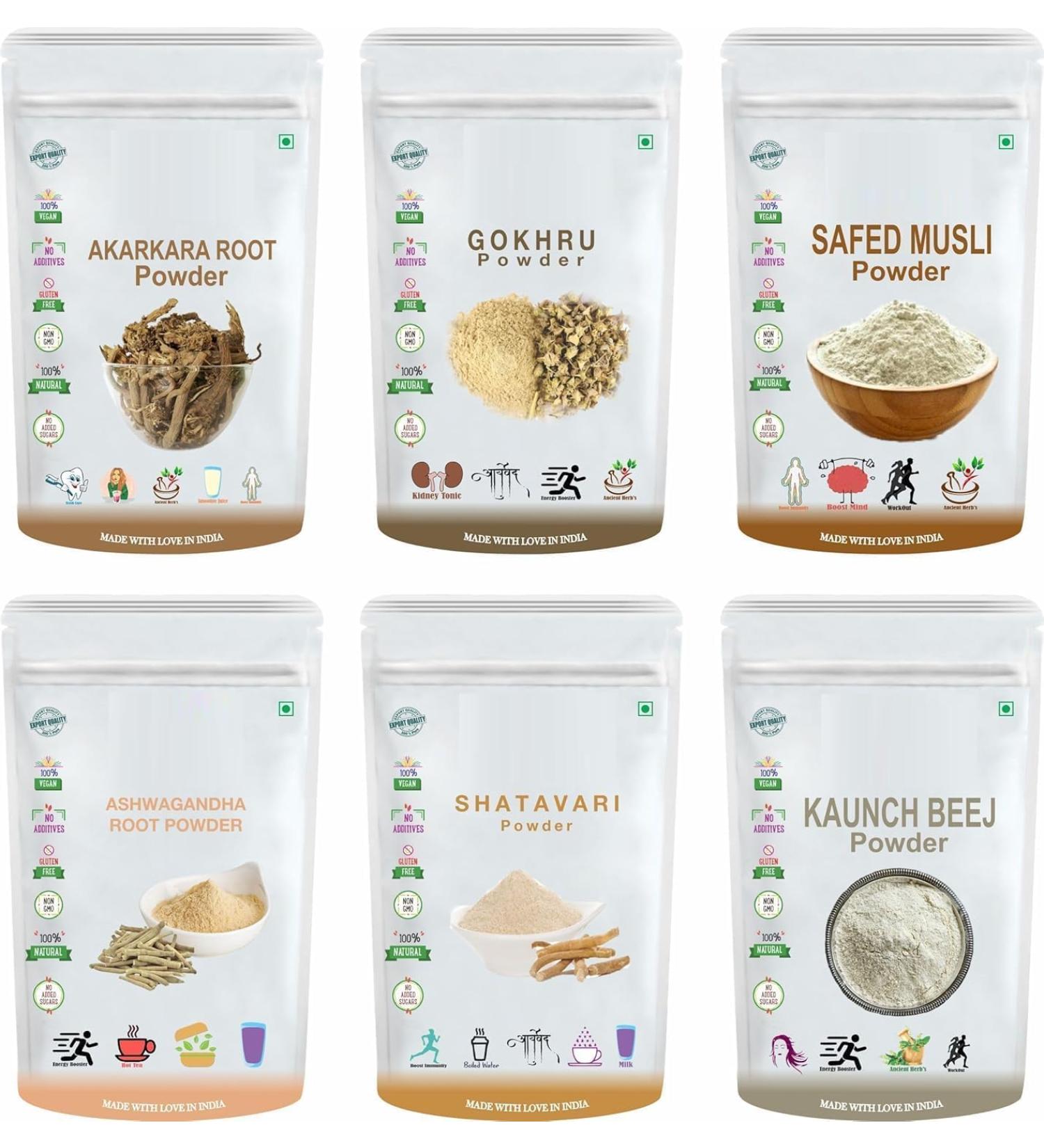 G n rique VK Pack of 6 Different Powers i.e Akara Gokhru Safed Musli Kaunch Ashwagandha & Shatavari (200 Grams Pack Each) 1200 Grams Total