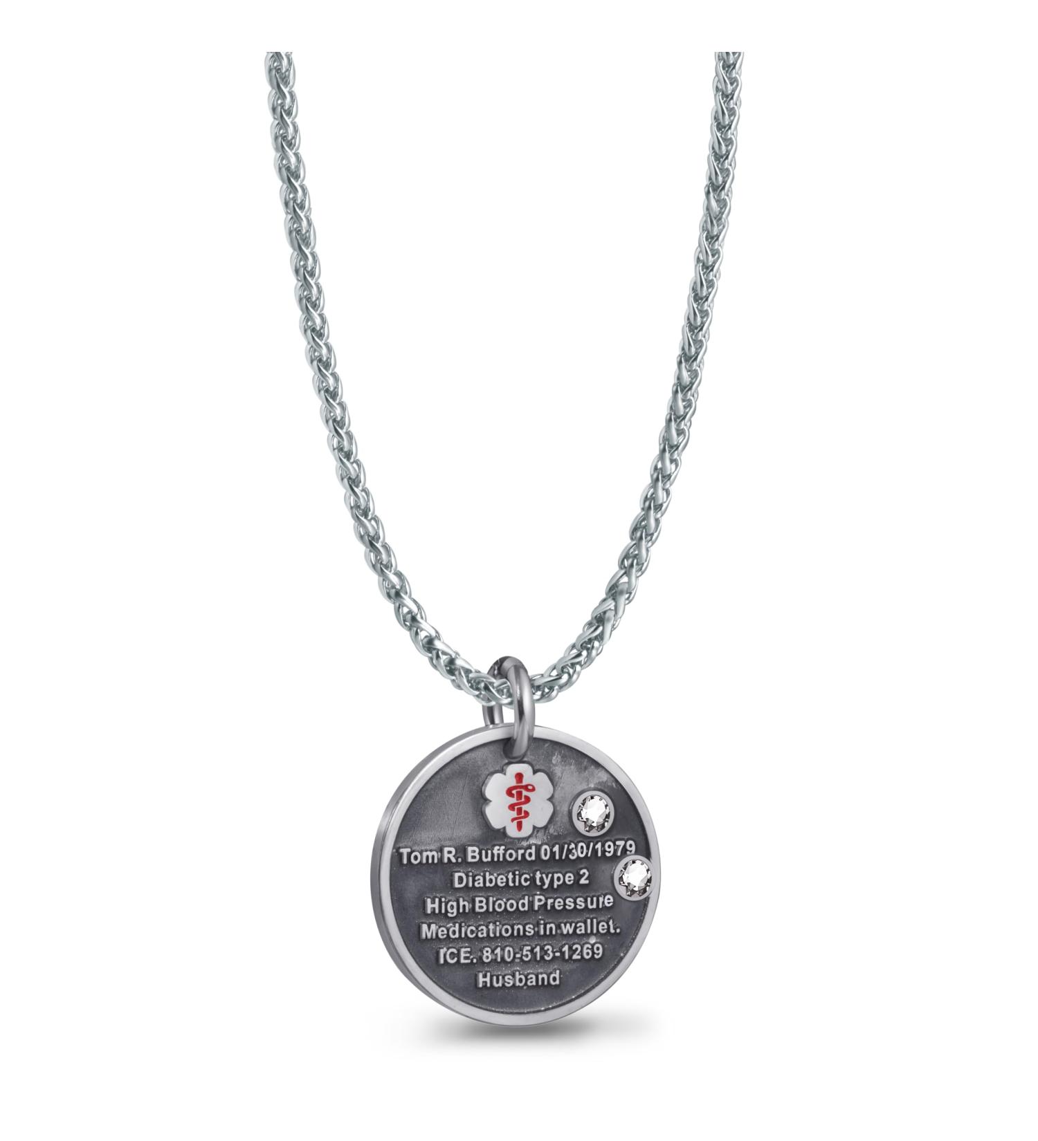 Custom Sterling Silver Medical Alert Necklace - Personalized Engraving & Vintage Pendant - Emergency ID Jewelry for Men & Women - 2 Crystal Styles - Buy Online on GoSupps.com