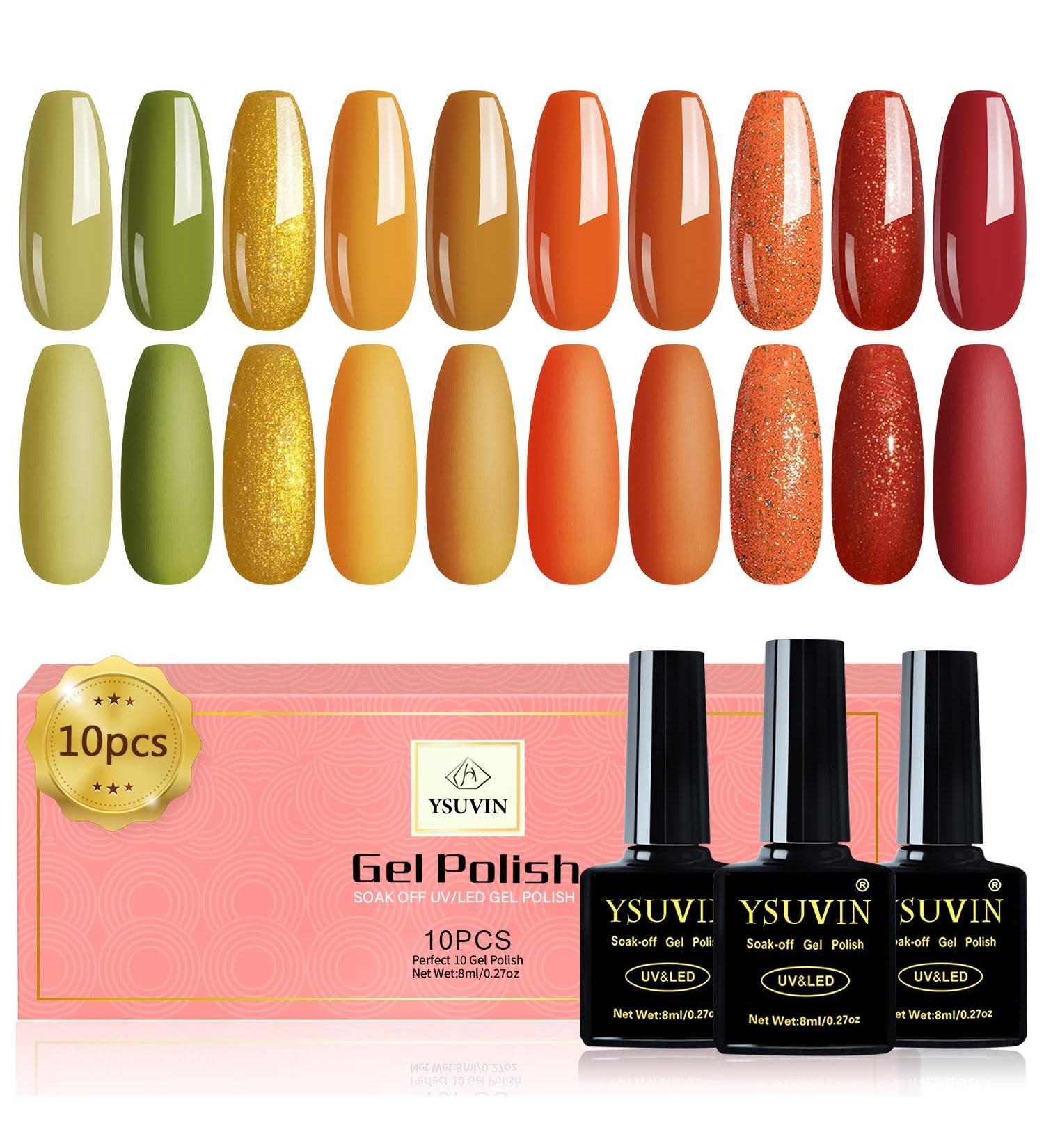 Yueshop Gel Nail Polishes- 10 Pcs Orange Yellow Green Red Glitter Gel Polish Set Soak off UV LED Nail Lamp Gel Nail Kit Gel Nail Varnish Nail Art DIY New Year Gift Autumn Leaves - Buy Online on GoSupps.com