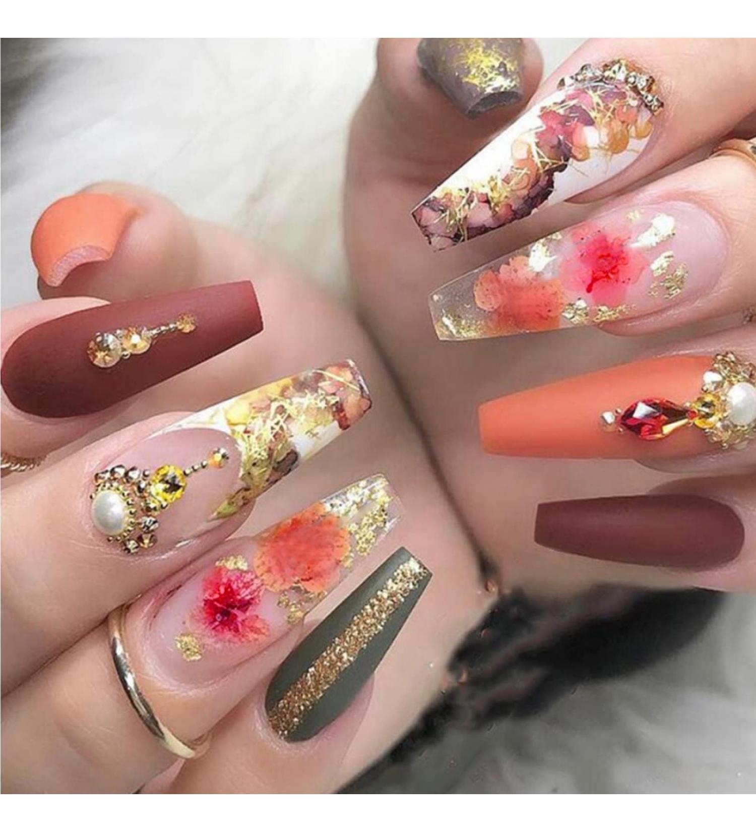 Long Coffin False Nail Ballerina Fake Nails Yellow Daisies Sparkling Diamond Full Cover Nail Tips Set Press On DIY Manicure Tool