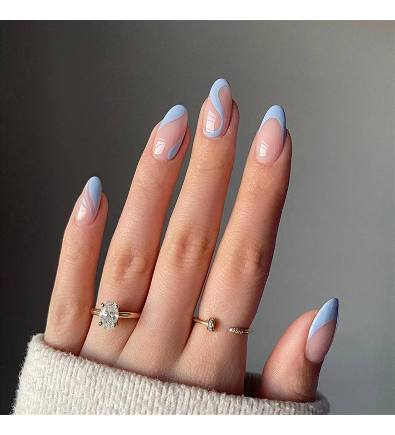 VOTACOS Medium Round Nude Fake Nails with Blue Wave Design - Glossy Full Cover Press on Nails for Women - Buy Online on GoSupps.com