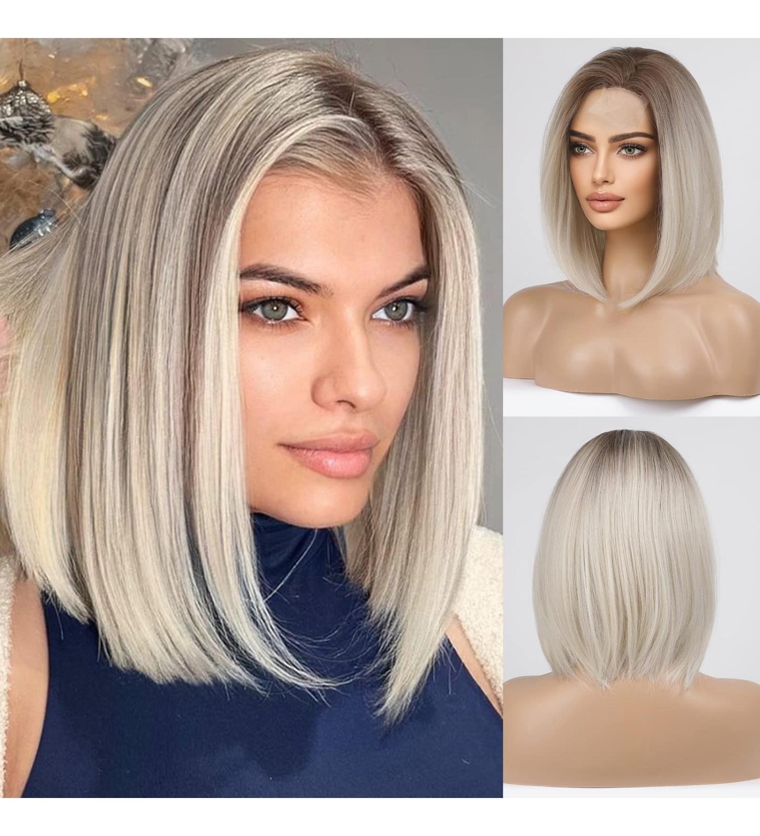 Dark Ombre White Bob Wig with Side-part and Dark Roots - Heat Resistant Synthetic Wig for Women - Buy Online on GoSupps.com