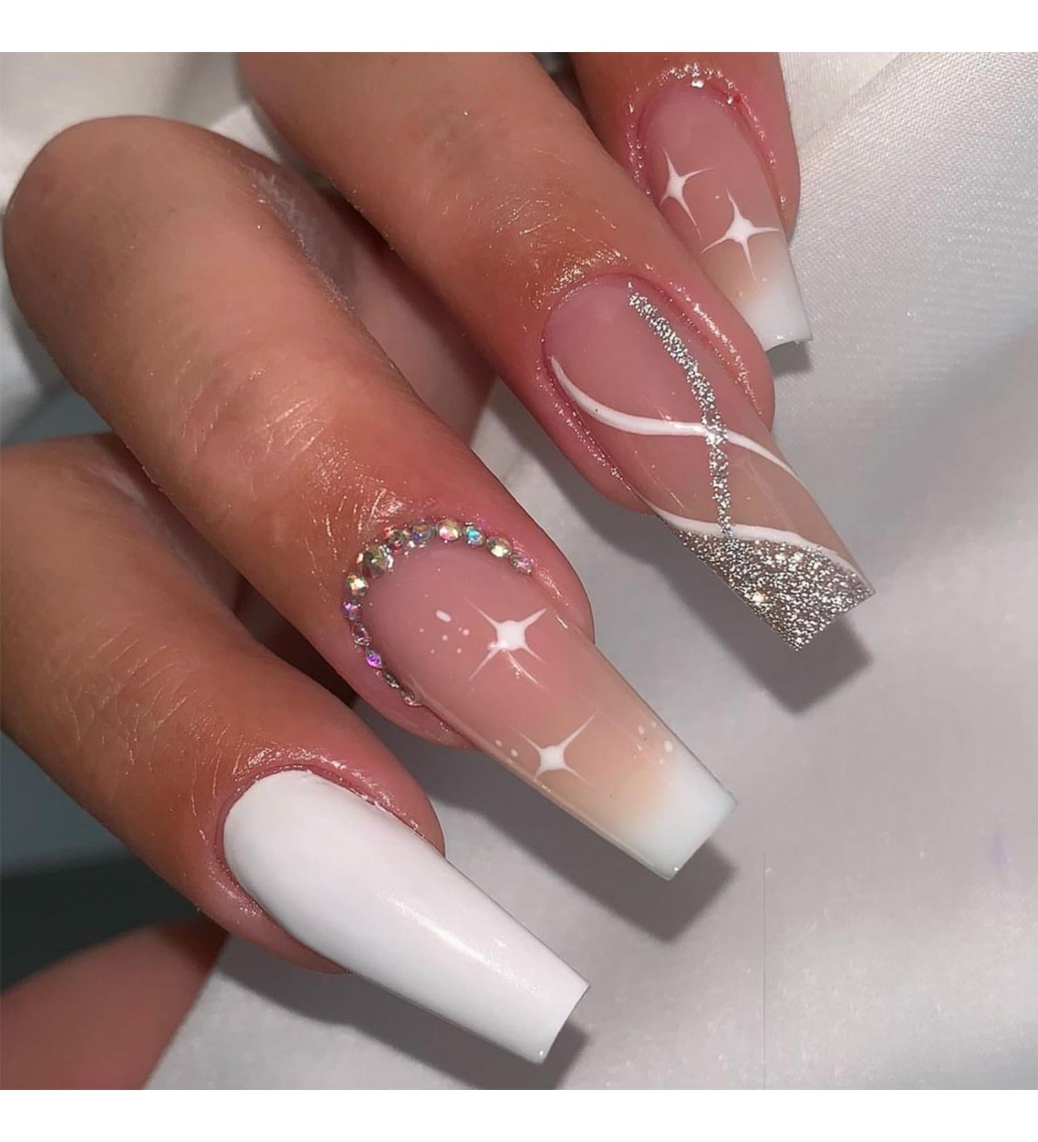 Ombre Press on Nails - Long Square Fake Nails with French Designs & Glitter - 24Pcs Acrylic Nude Pink - Rhinestone Full Cover for Women & Girls - Buy Online on GoSupps.com