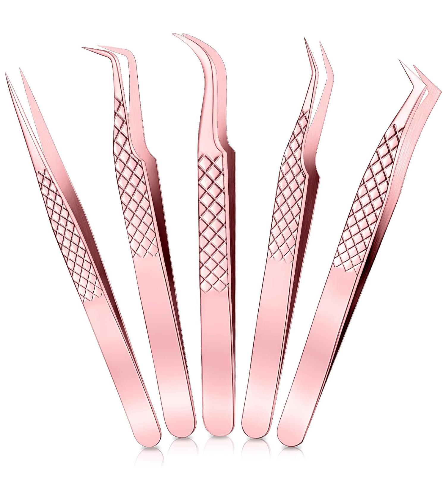 5-Piece Rose Gold Eyelash Extension Tweezers Set - Straight and Curved Tips, Stainless Steel Precision Tweezers for False Lashes, Eyelash Volume, and Extension Application - Buy Online on GoSupps.com