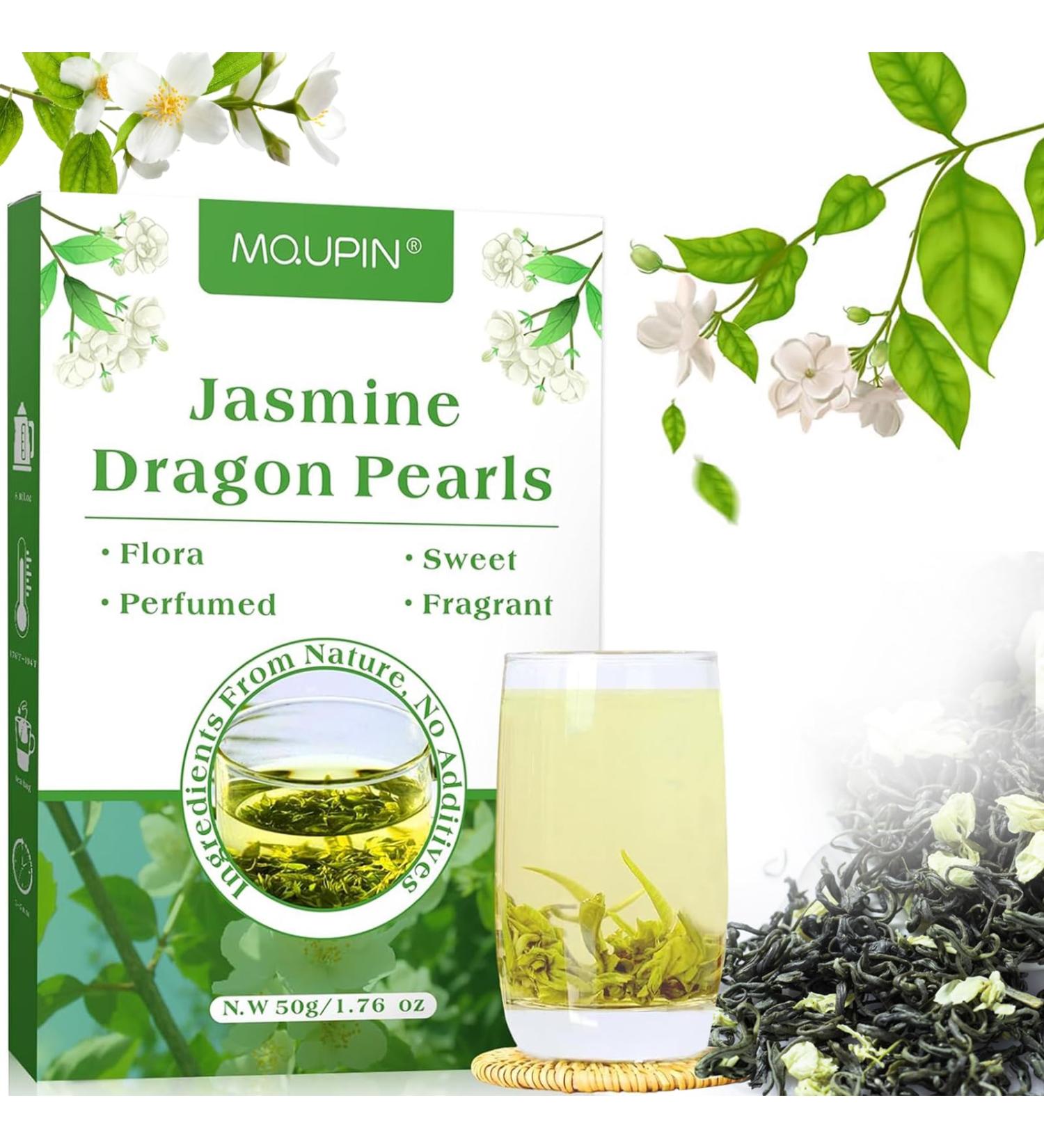 Jasmine Dragon Pearls 50g Loose Leaf Green Tea - Natural Hand Rolled Jasmine Green Tea with Floral Scent and Tonic Effects - MQUPIN - Buy Online on GoSupps.com