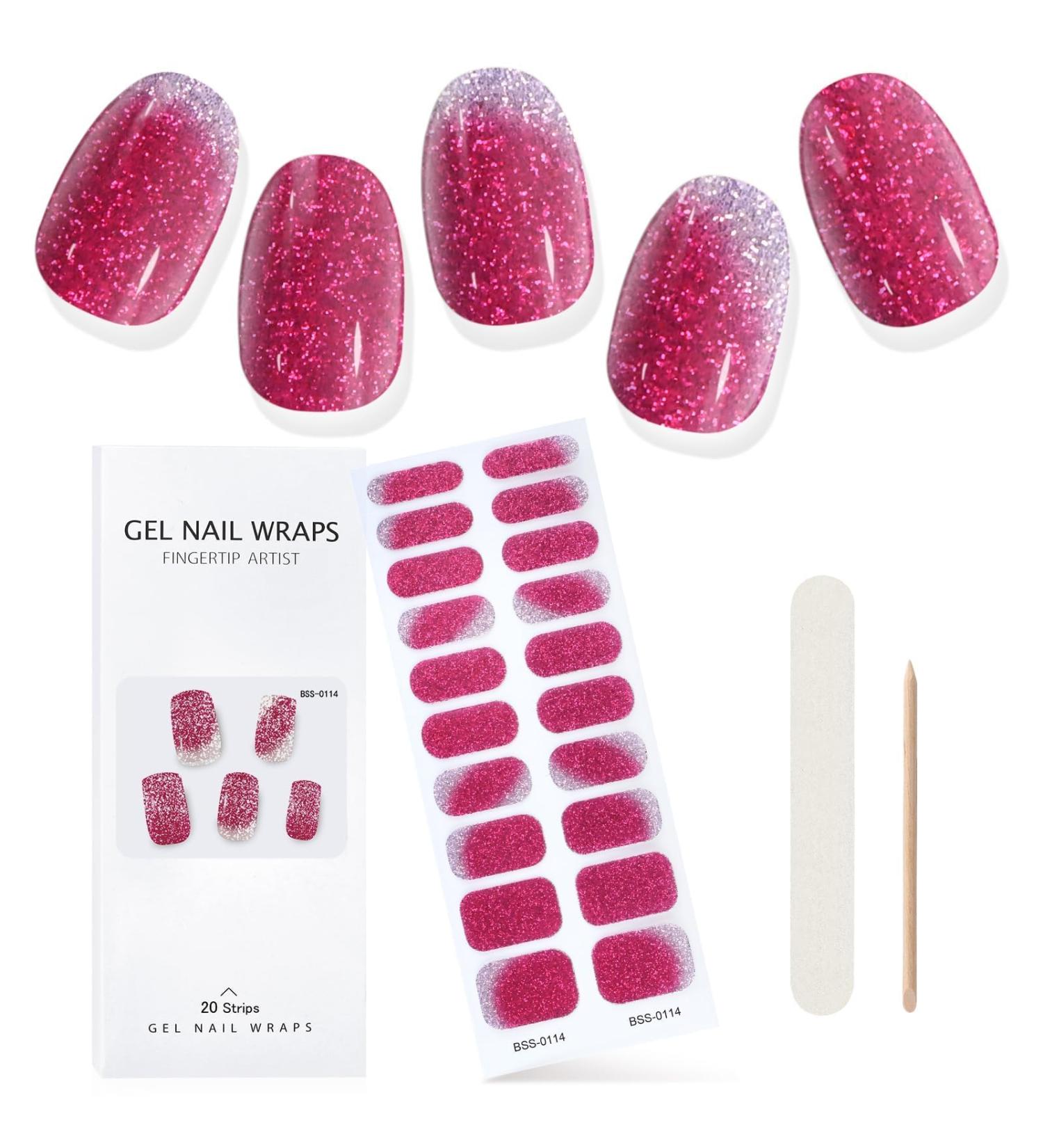 EBANKU Cured Gel Nail Strips - Long Lasting Waterproof Nail Wraps in Glitter Rose Red | Includes Cuticle Stick, Nail File, Wipes & Sealing | Real Polish Stickers (UV/LED Lamp Required) - Buy Online on GoSupps.com