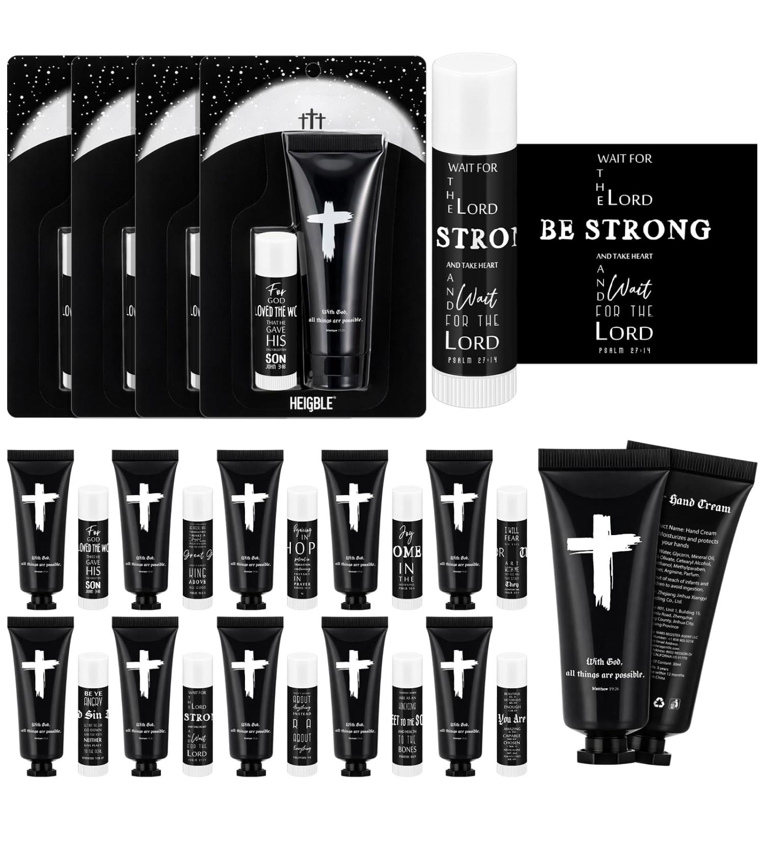 Heigble 20 Pcs Christian Hand Cream Lip Balm Gift Set Black Religious Bible Verse Cedar Scent Lip Moisturizer Bulk Easter Appreciation Gift for Men Coworker Team Sunday School Church Party Favor - Buy Online on GoSupps.com