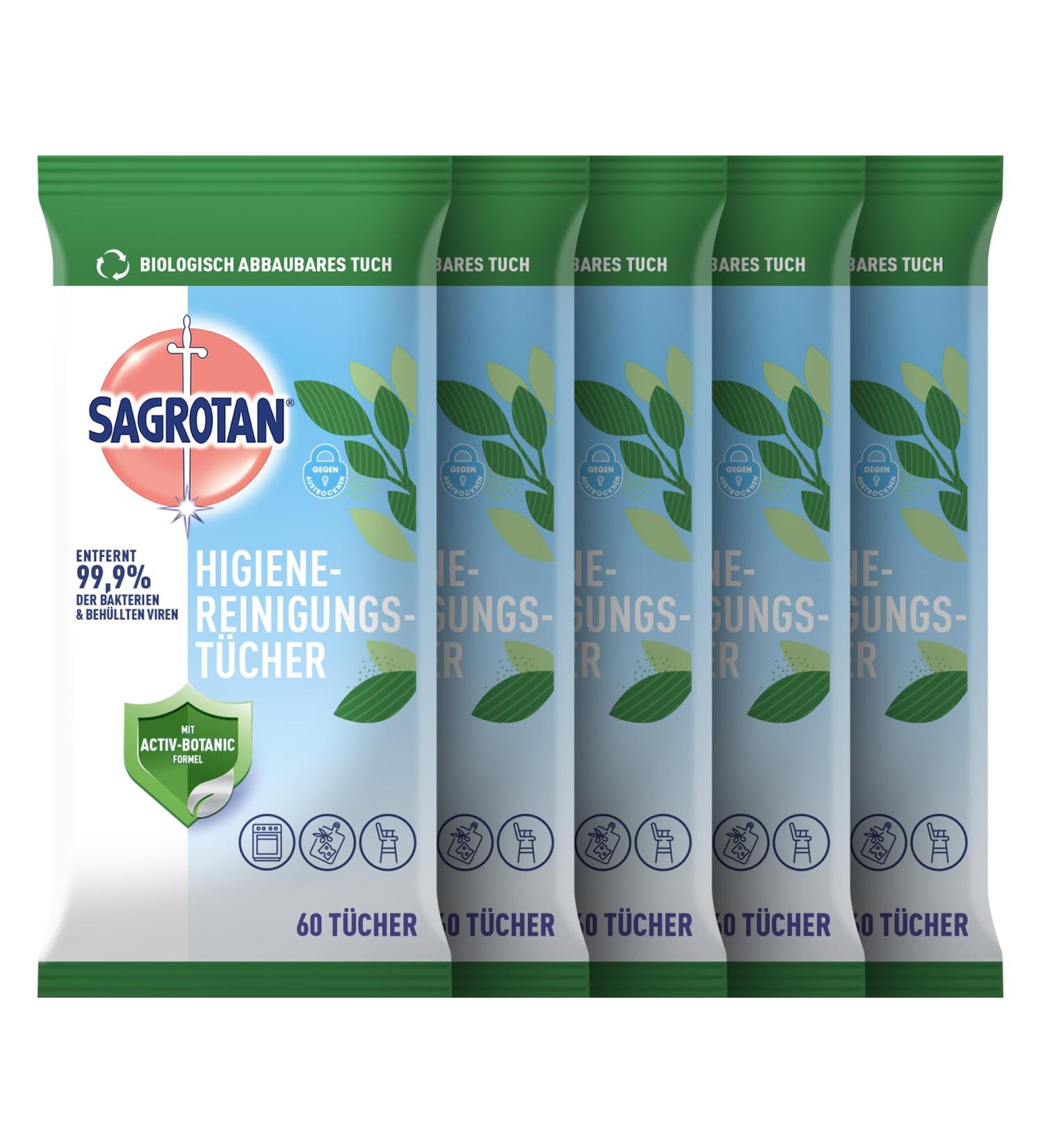 Sagrotan Hygiene Cleaning Towels - 5 Packs of 60 Wet Wipes for Effective Surface Disinfection - Eco-Friendly Packaging - Buy Online on GoSupps.com