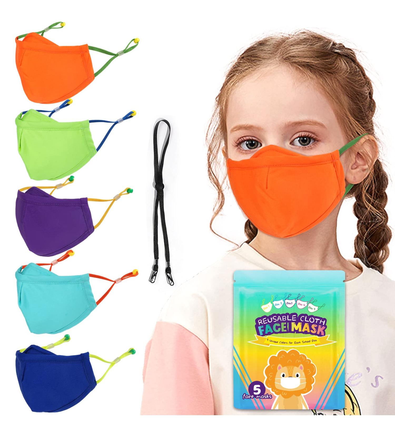 Kids Reusable Washable Cotton Cloth Face Masks - 5 Pack Multicolor | 3 Layer Breathable Anti-Fog Design with Adjustable Ear Straps for Boys and Girls | School Mask - Buy Online on GoSupps.com