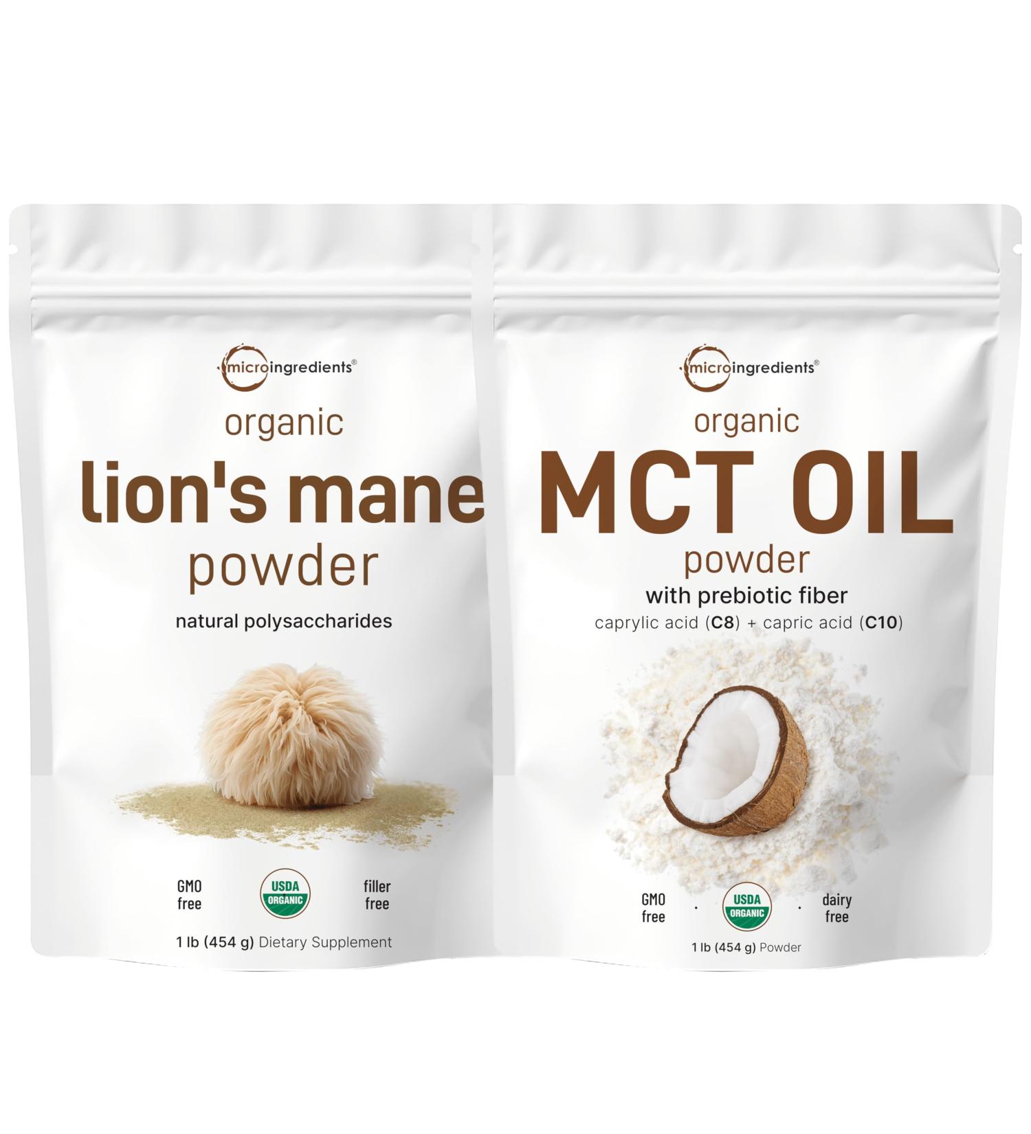 Micro Ingredients MCT Oil Powder with Prebiotic Fiber & Lions Mane Mushroom Supplement Powder Bundle 2 Pack | C8 MCT Oil for Coffee Creamer | Natural Superfood for Brain Energy & Immune Health - Buy Online on GoSupps.com