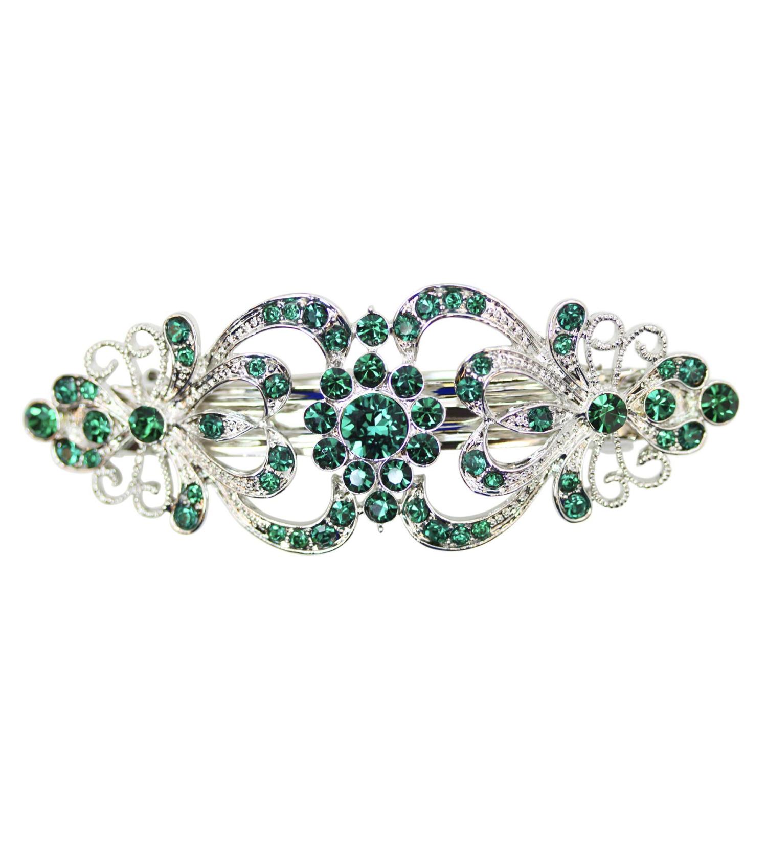 Faship Green Crystal Hearts & Floral Hair Barrette - Stunning Hair Accessory - Buy Online on GoSupps.com