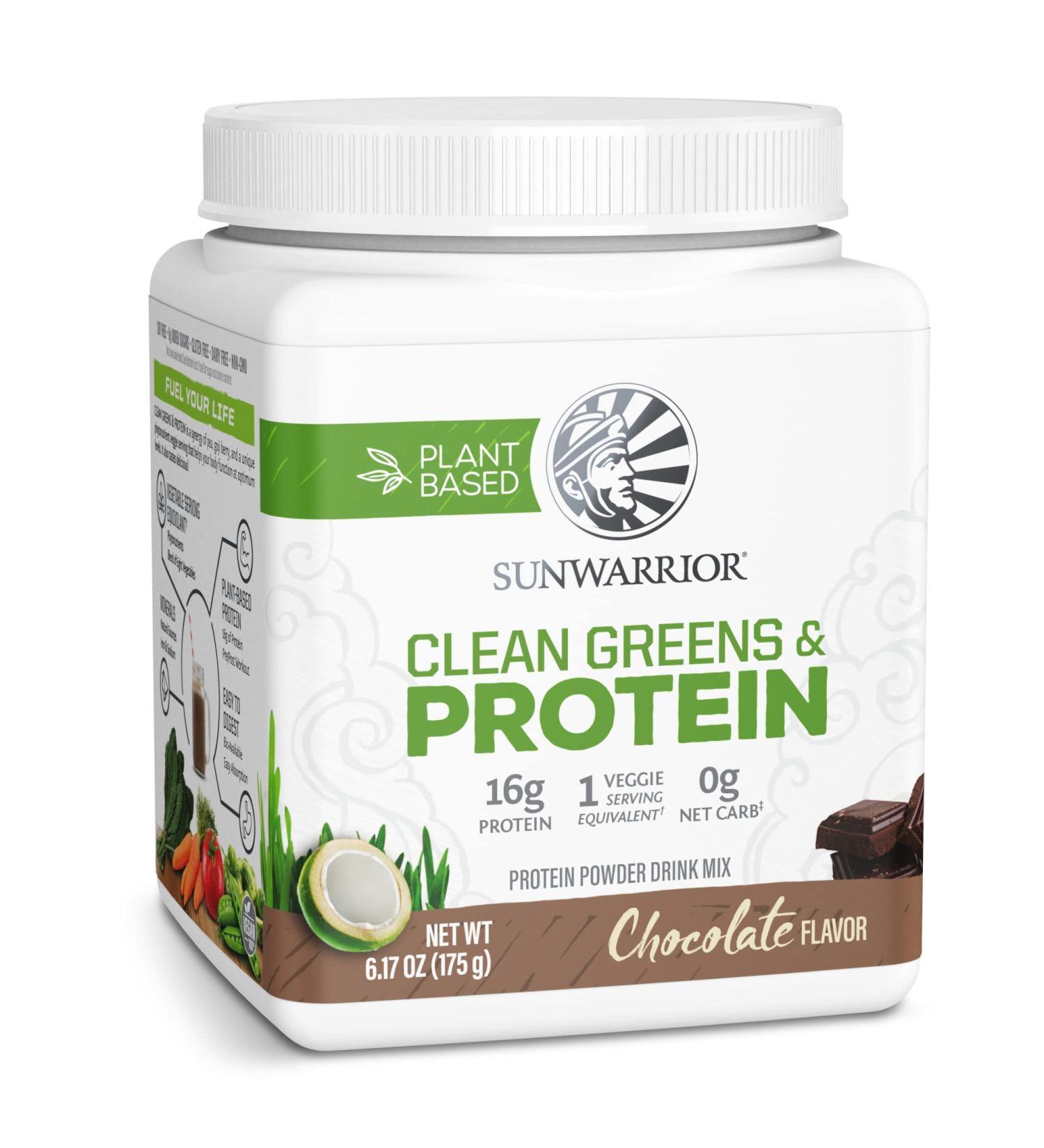 Sunwarrior Clean Greens & Protein Chocolate - 6.17 oz (175 g) | Superfood Nutrition - Buy Online on GoSupps.com
