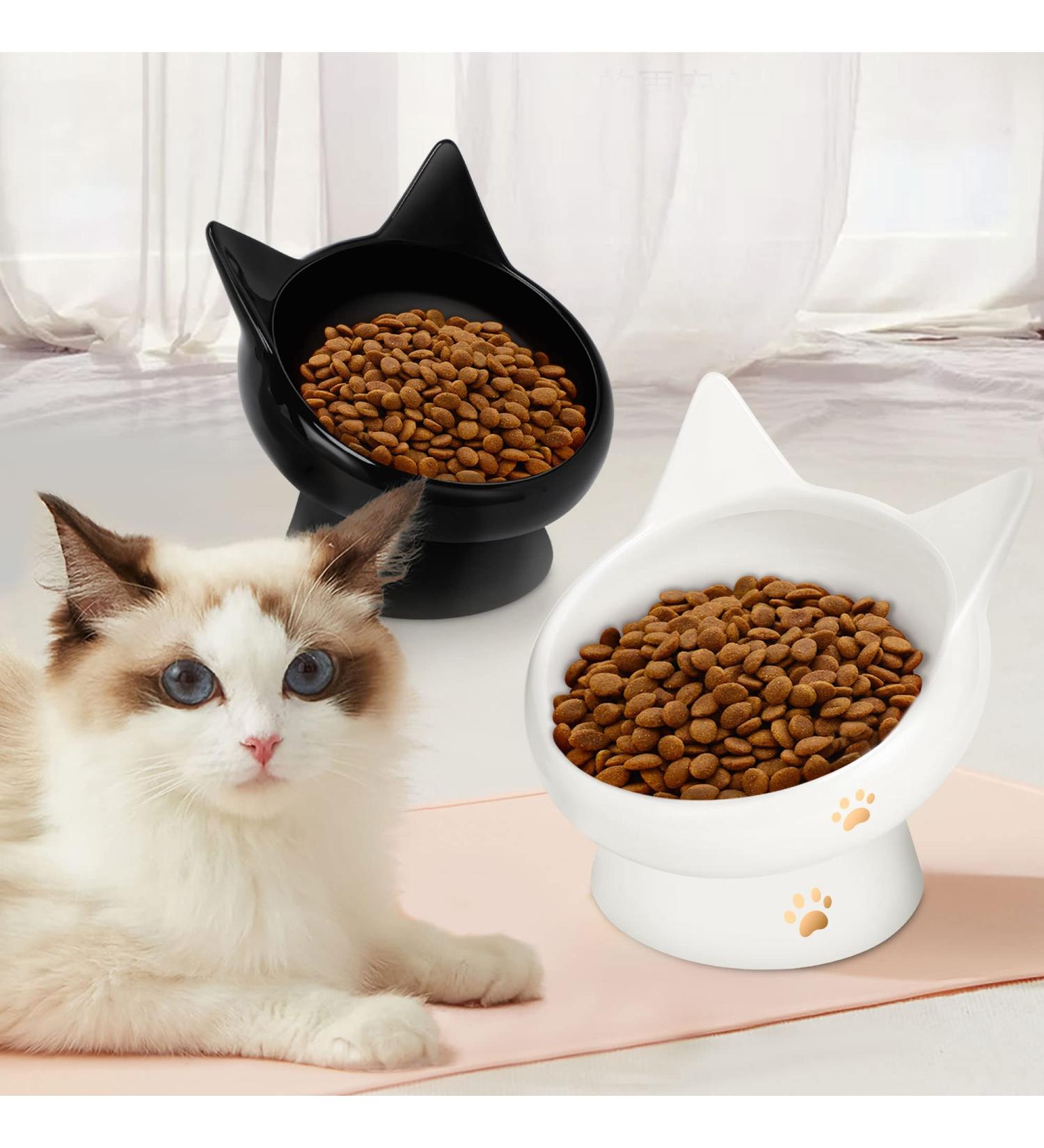 Ceramic Cat Bowls Set - Anti Vomiting, Tilted, Elevated - For Cats and Small Dogs - Protects Pet's Spine - Dishwasher & Microwave Safe - 2 Pack Black-White - Buy Online on GoSupps.com