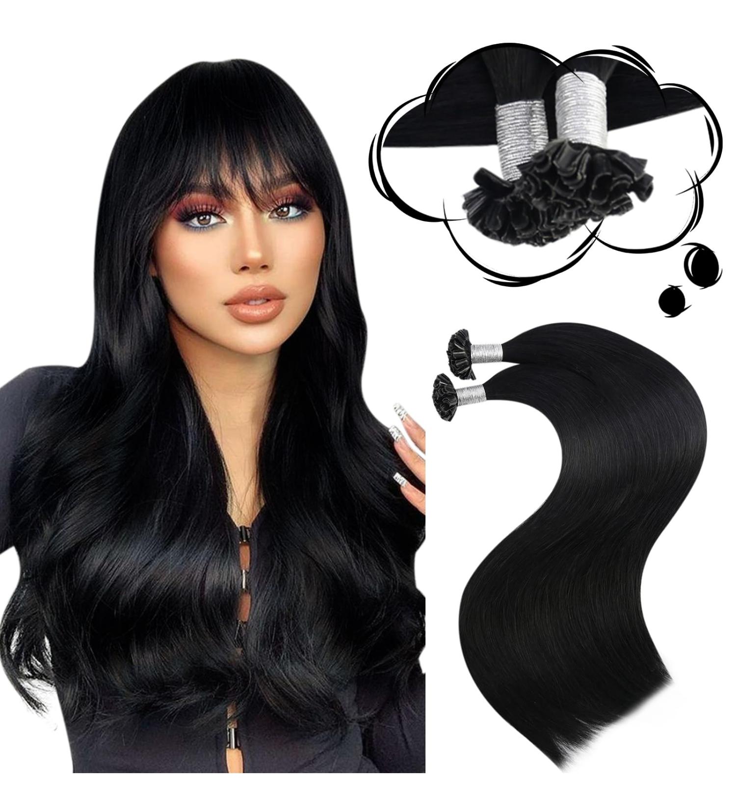 Moresoo Black Keratin Bonding Hair Extensions - 35cm Remi U-Tip Real Human Hair - #1 Pechschwarz - 40g/50 Strands - Buy Online on GoSupps.com
