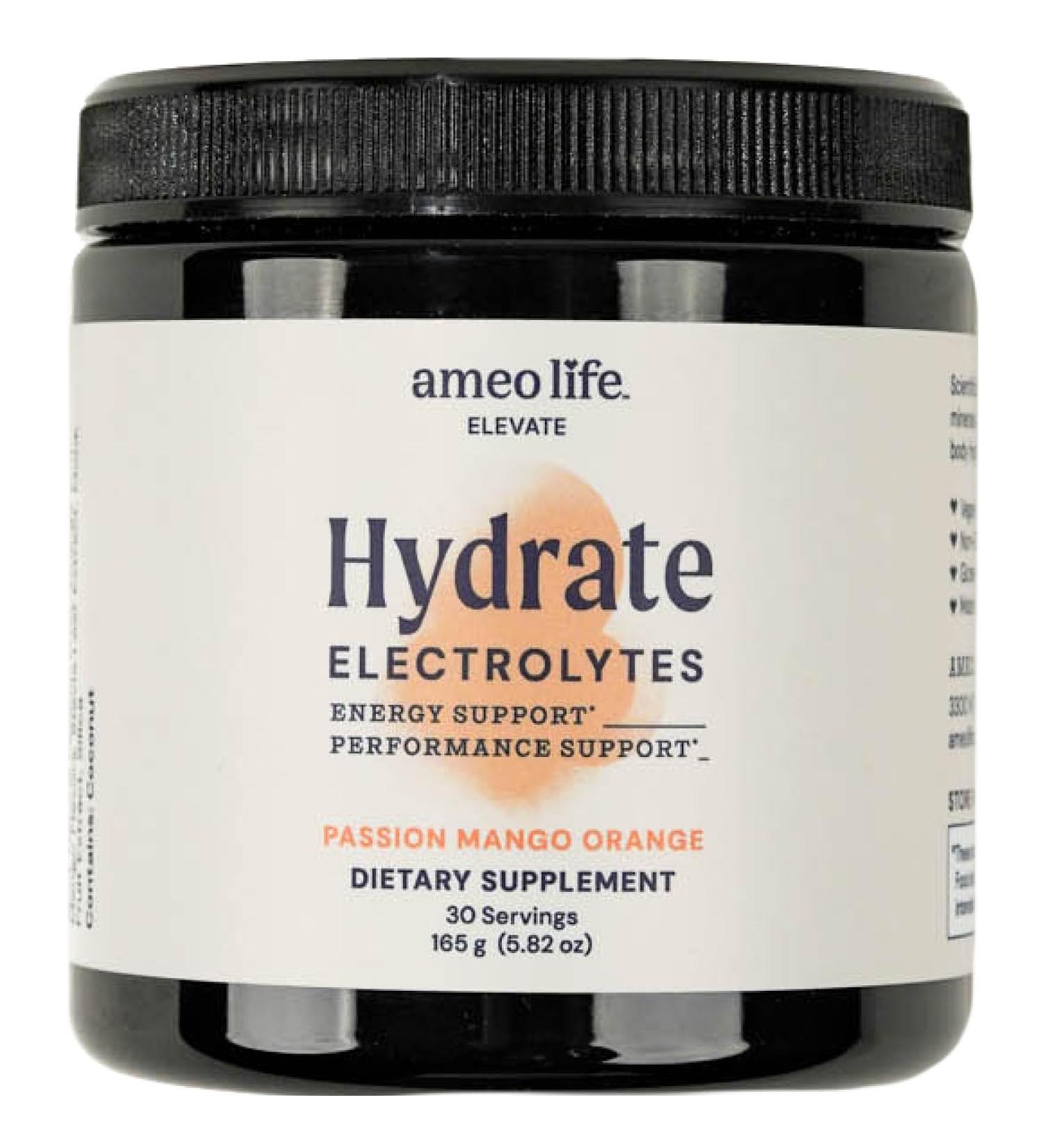 Ameo Life Hydrate Electrolyte Powder Clean No Sugar Mineral-Rich Hydration Blend for Energy Performance & Recovery - 30-Servings Passion Mango Orange - Buy Online on GoSupps.com