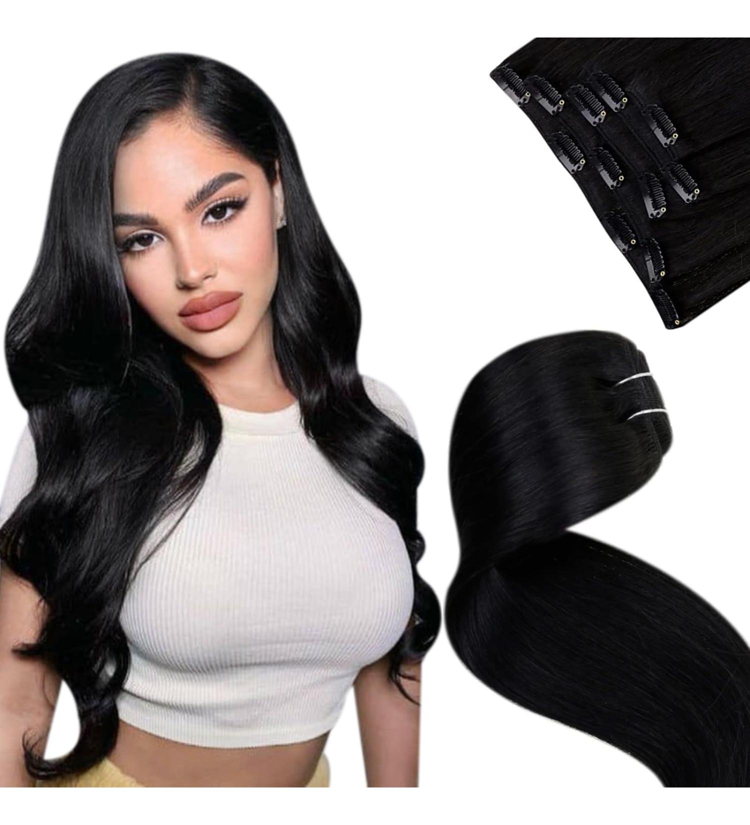 LAAVOO Real Hair Clip-In Extensions - Black 50cm 80g 5 Pieces - Remy Quality for Gorgeous Volume - Buy Online on GoSupps.com