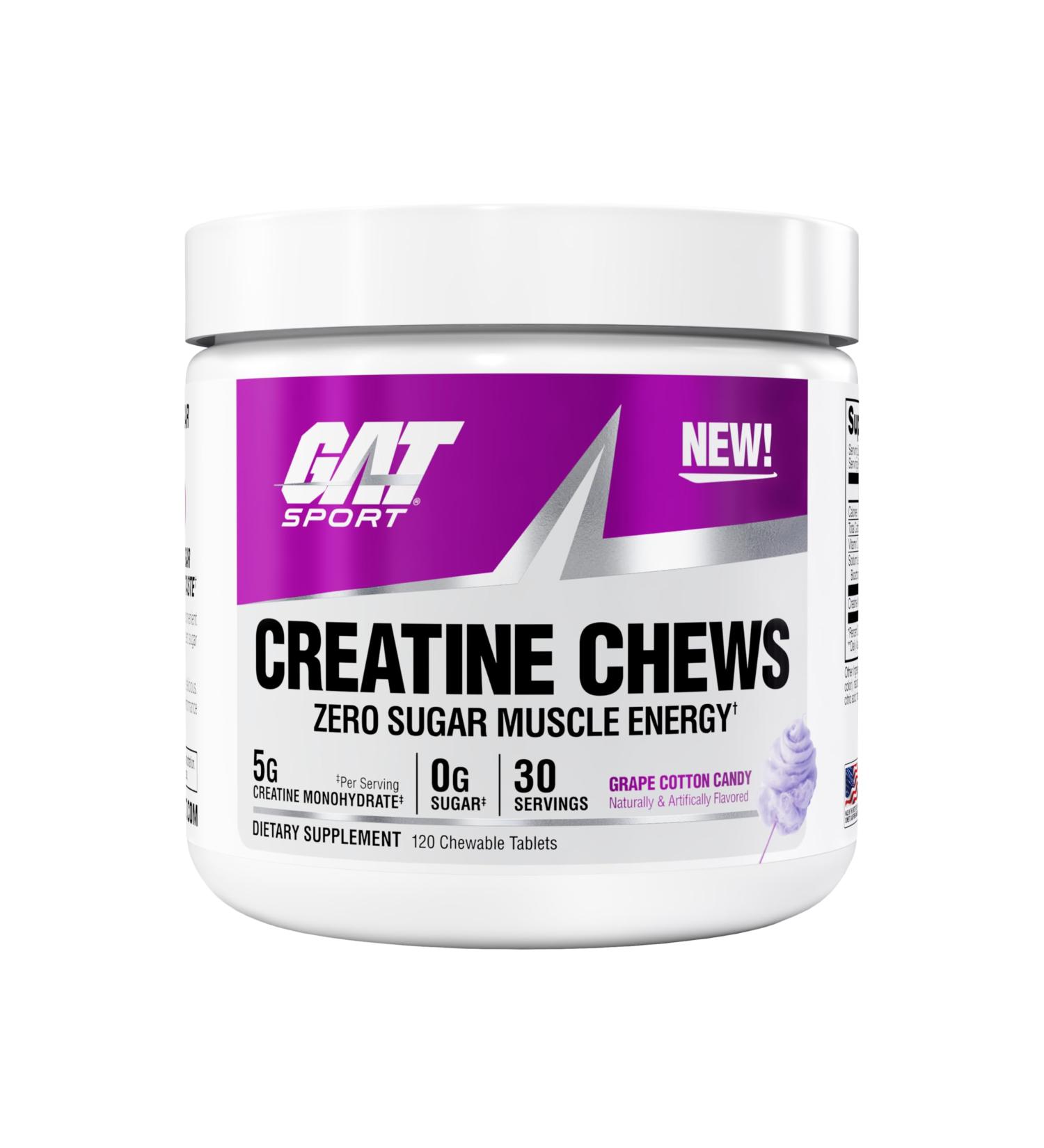 GAT SPORT Creatine Chews Zero Sugar 5g Pure Creatine Monohydrate 3rd Party Tested Brain Health Muscle Strength Anti-oxidant Support for Men & Women 30 Servings (Grape Cotton Candy) - Buy Online on GoSupps.com