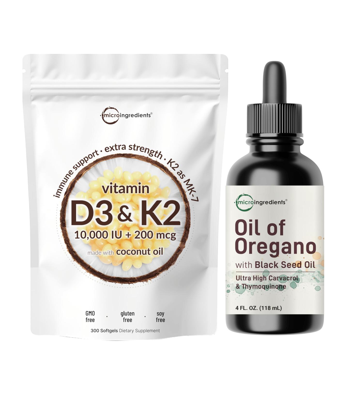 Micro Ingredients Vitamin D3 10 000IU + K2 MK-7 200mcg Softgels & Oil of Oregano with Black Seed Drops | Bundle | D & K Sunshine Vitamins + Coconut Oil | Ultra High Thymoquinone + Carvacrol - Buy Online on GoSupps.com