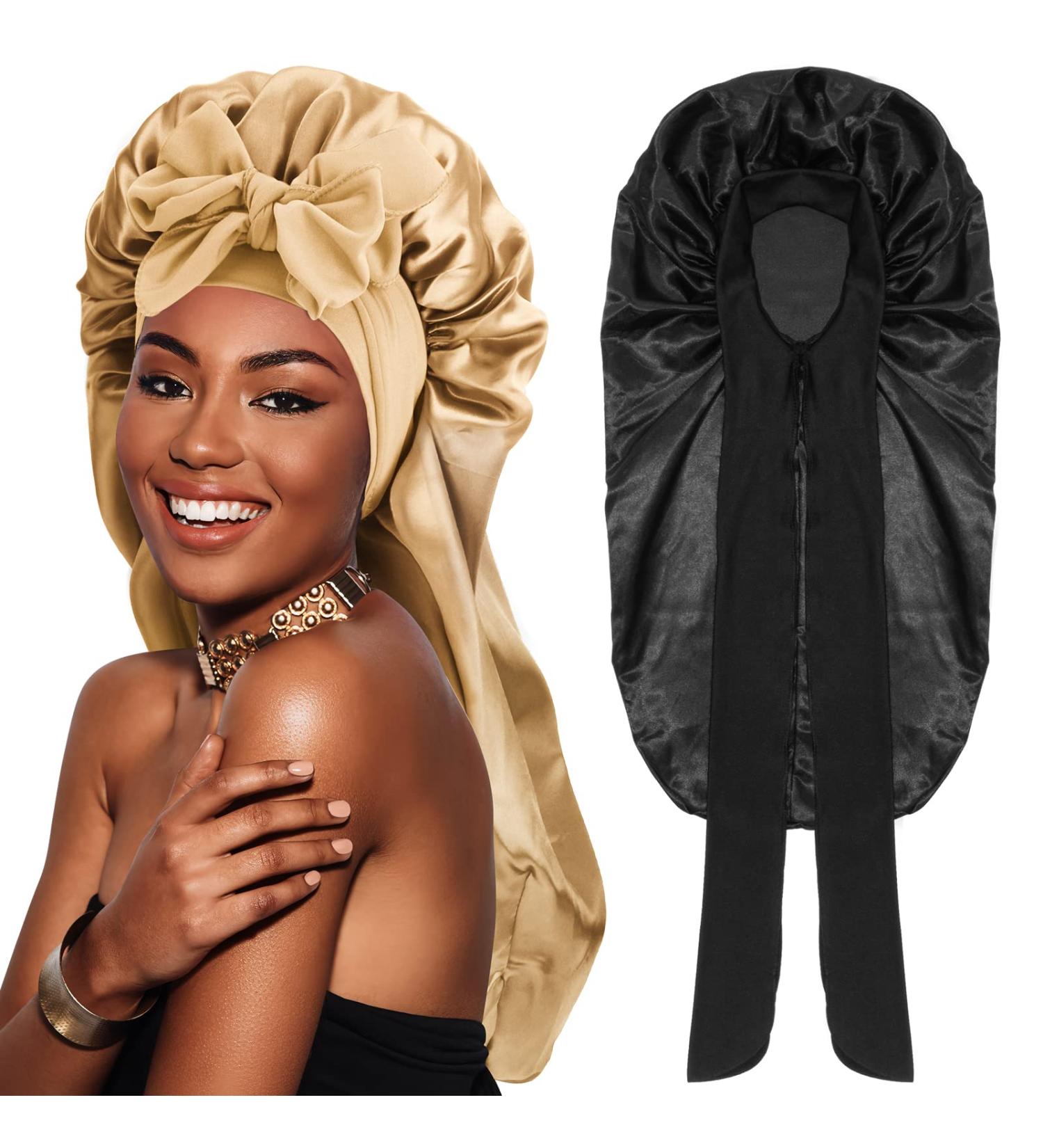 2PCS Long Satin Braids Bonnets - Gold Black Silk Adjustable Sleep Cap for Women - Large Size for Long Curly Hair - Buy Online on GoSupps.com