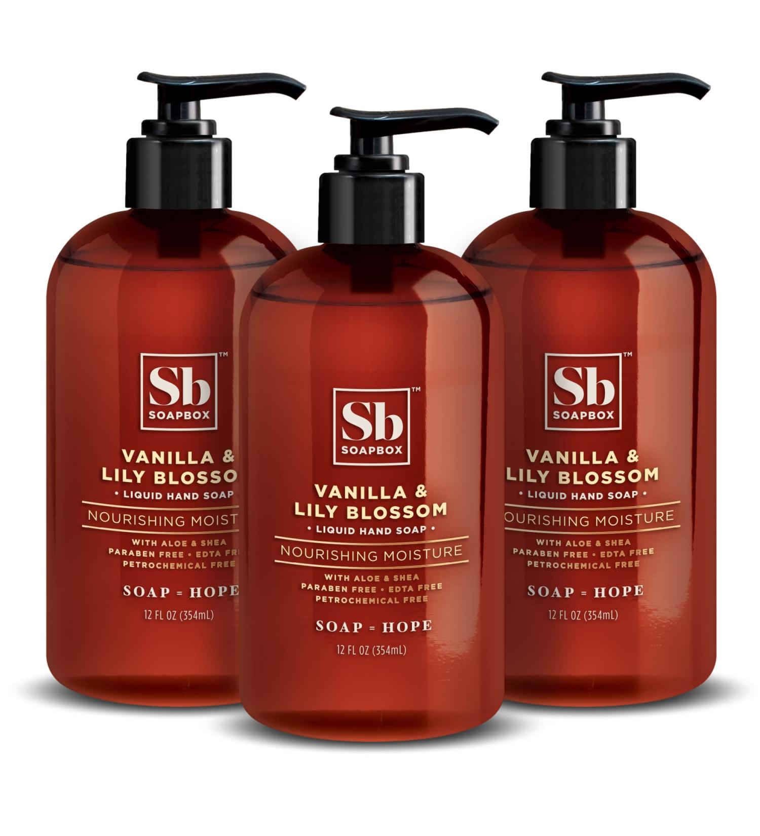 Soapbox Vanilla & Lily Blossom Liquid Hand Soap - Vegan Cruelty Free Cleanser for Bathroom and Kitchen - 12oz Pump Bottles (Pack of 3) - Buy Online on GoSupps.com