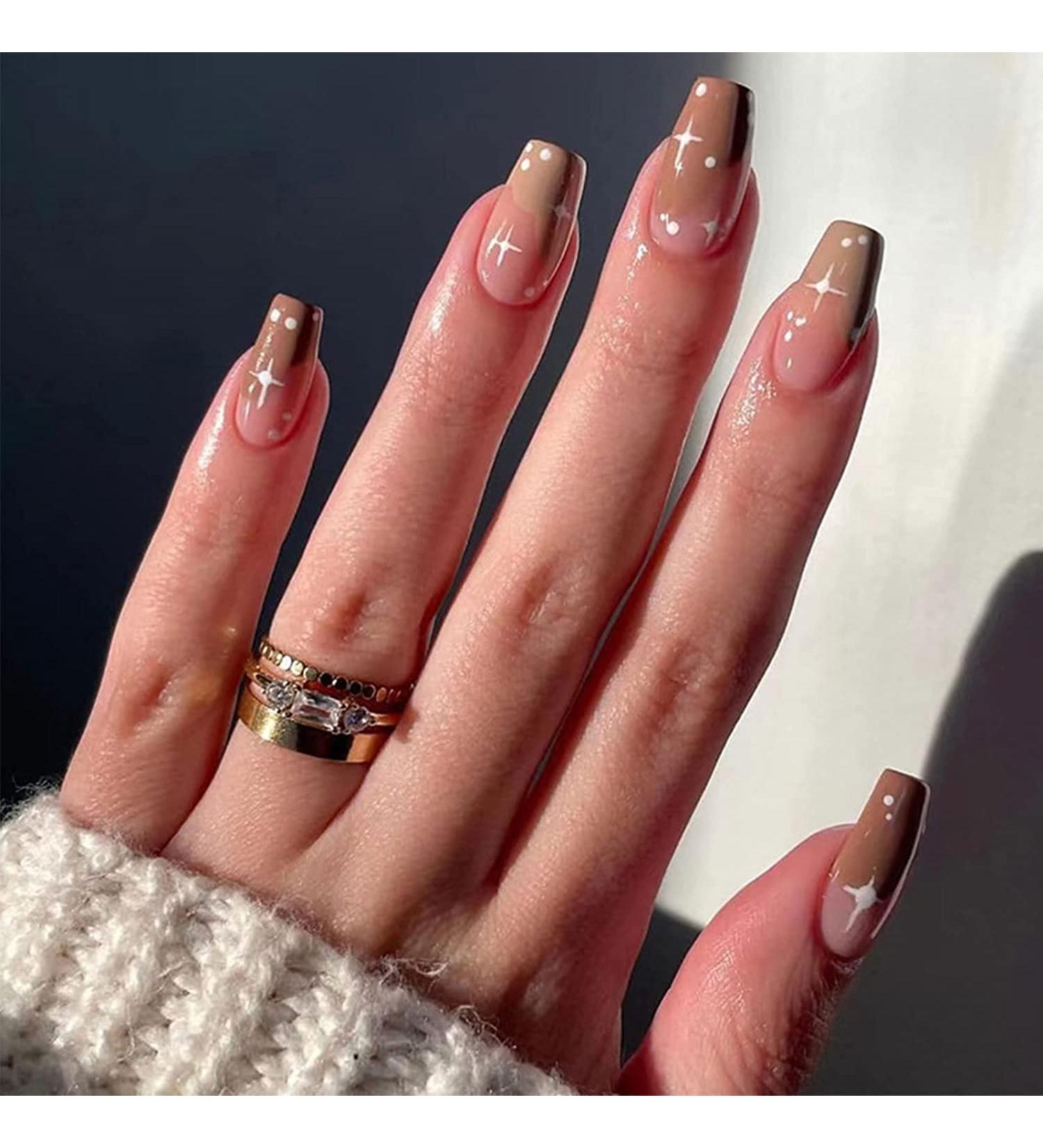 24Pcs Medium Long Coffin Fake Nails - Brown Ballerina Glossy Acrylic with Star Designs | False Stick on Nails for Women - Buy Online on GoSupps.com