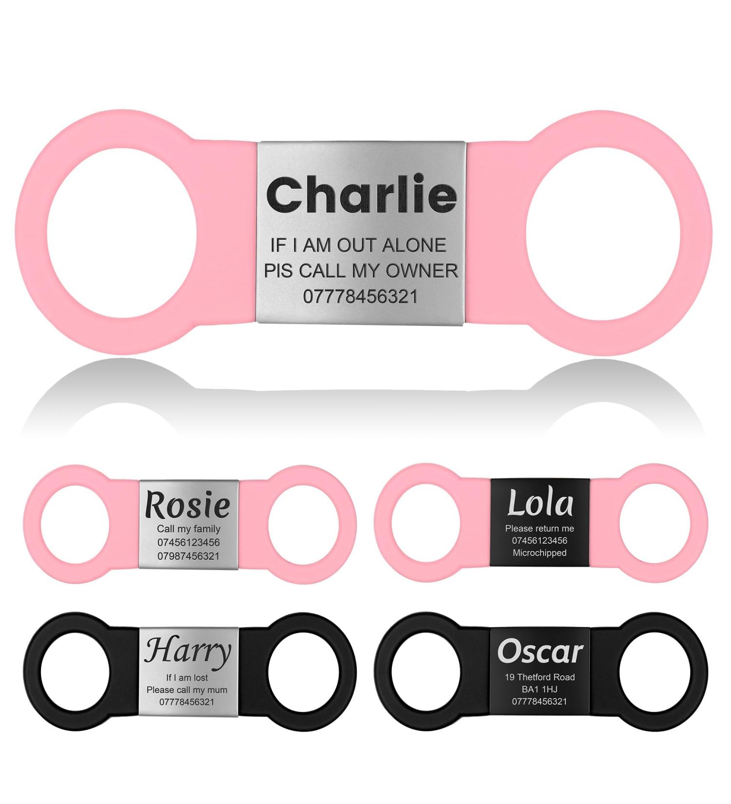 Personalized Yehanti Dog Tag - Engraved Quiet Silicone ID for Dogs Cats & Puppies - Custom Name Phone & Address - Pink & Silver (M 19mm Collar) - Buy Online on GoSupps.com