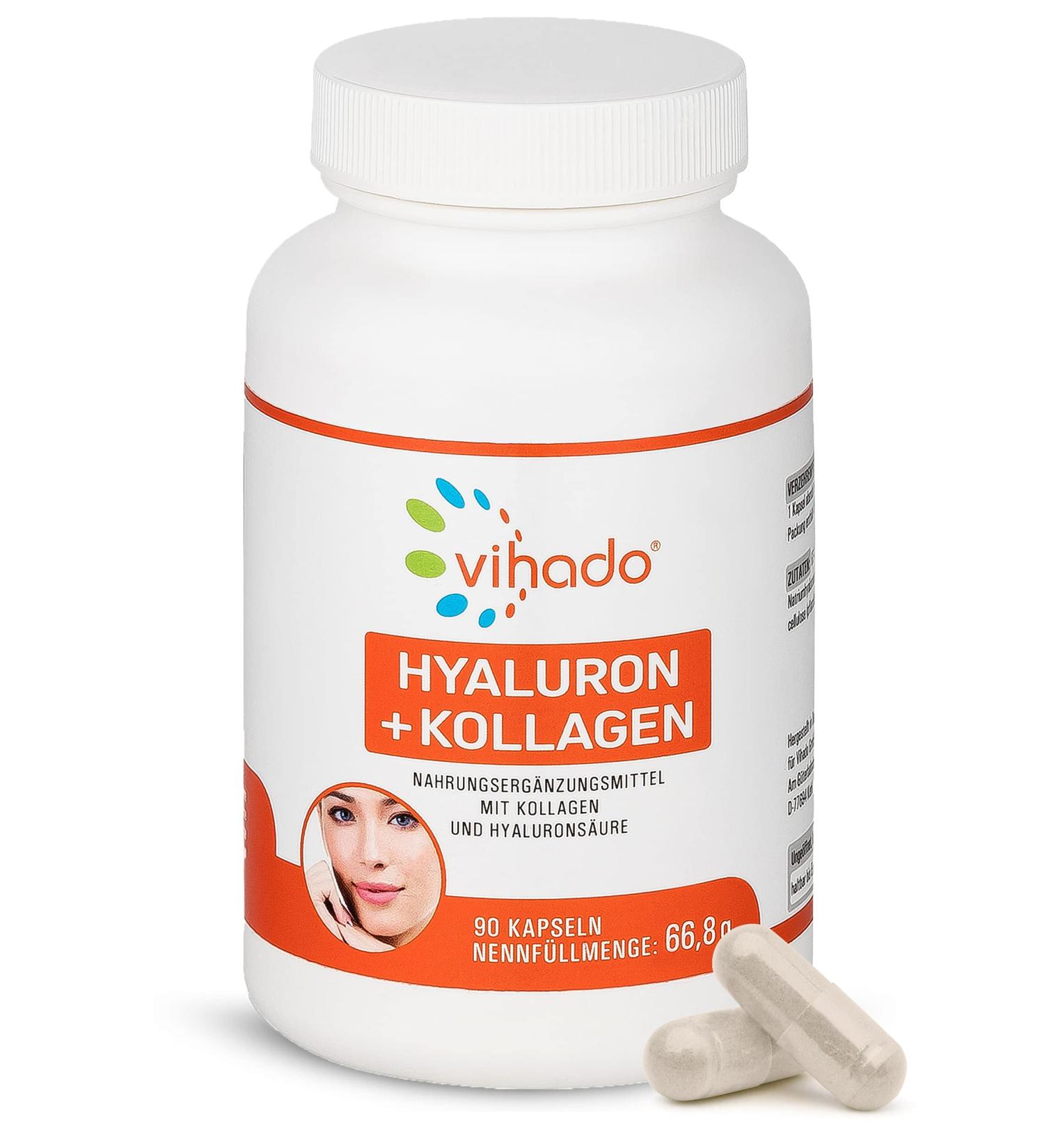 Vihado Hyaluronic Acid Capsules - High-Dose Hyaluron & Collagen Hydrolysate for Skin Care - 90 Additive-Free Beauty Capsules - Buy Online on GoSupps.com