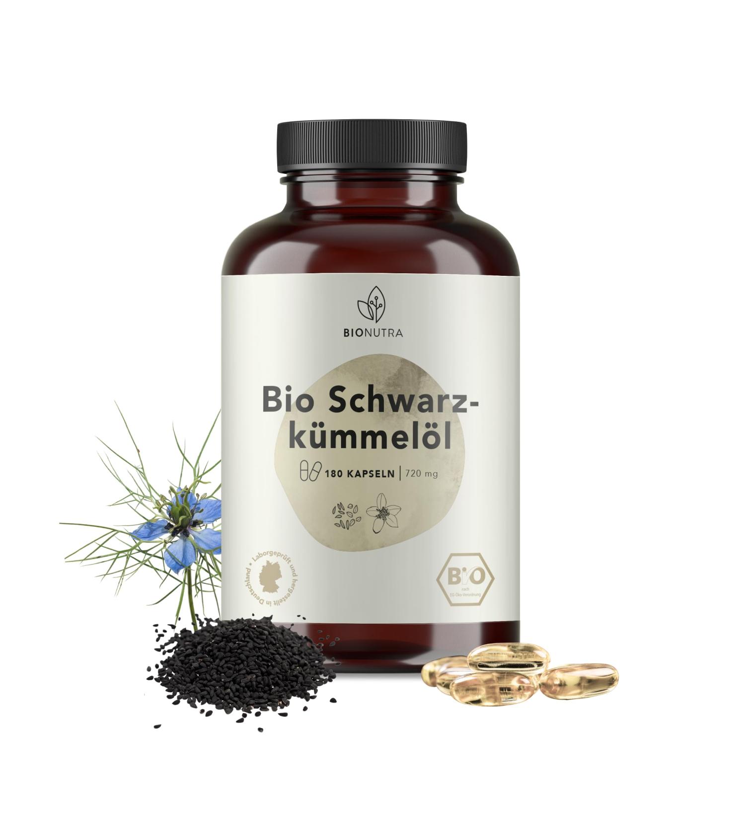 Bionutra Black Cumin Oil Capsules - 180 Vegan 720mg - Cold-Pressed Egyptian Oil Residue-Controlled Gluten & Lactose-Free 6-Month Supply - German Quality - Buy Online on GoSupps.com