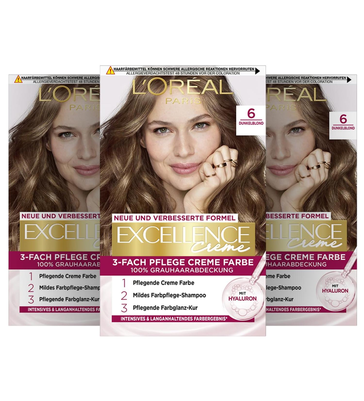 L'Or al Paris Excellence Cream 6 Dark Blonde Hair Color - 100% Gray Coverage 3-in-1 Care 268g x 3 - International Shipping Available - Buy Online on GoSupps.com