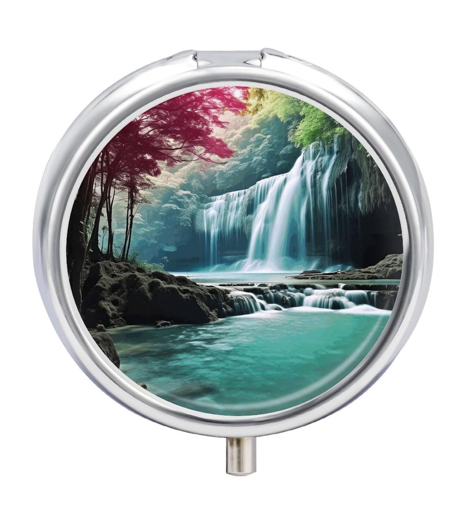 Round Pill Box - Waterfall Natural Landscape Print | 3 Compartment Portable Pill Organizer | Decorative Metal Pocket Case - Style 19 - Buy Online on GoSupps.com