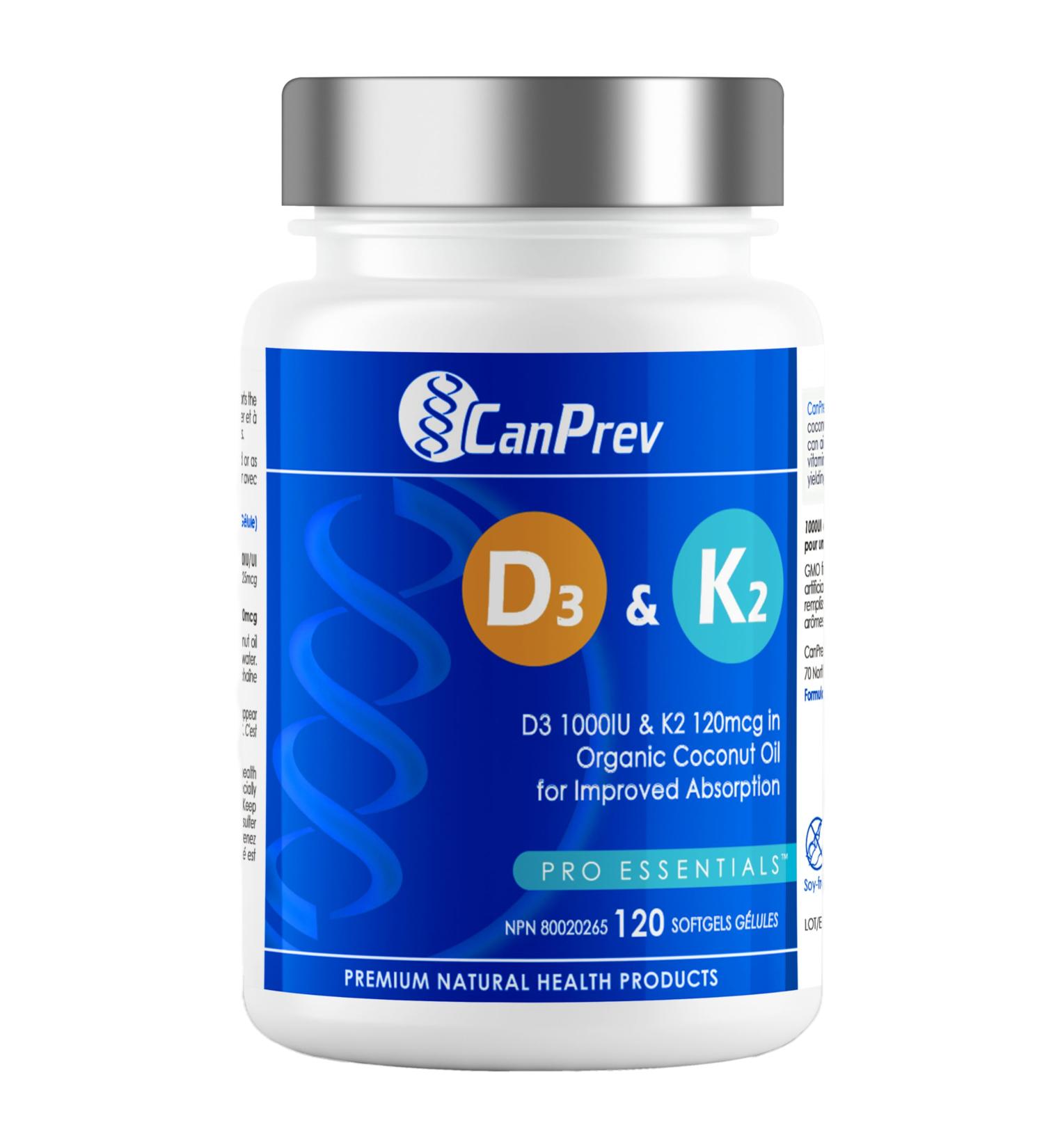 CanPrev D3 & K2 Vitamins 120 Softgels 120-Day Supply 1000IU Vitamin D3 & 120mcg K2 Supports Strong Bones Teeth & Heart Wellness Easy-to-Absorb with Organic Coconut Oil No GMO Gluten Soy Dairy 120 Count (Pack of 1) - Buy Online on GoSupps.com