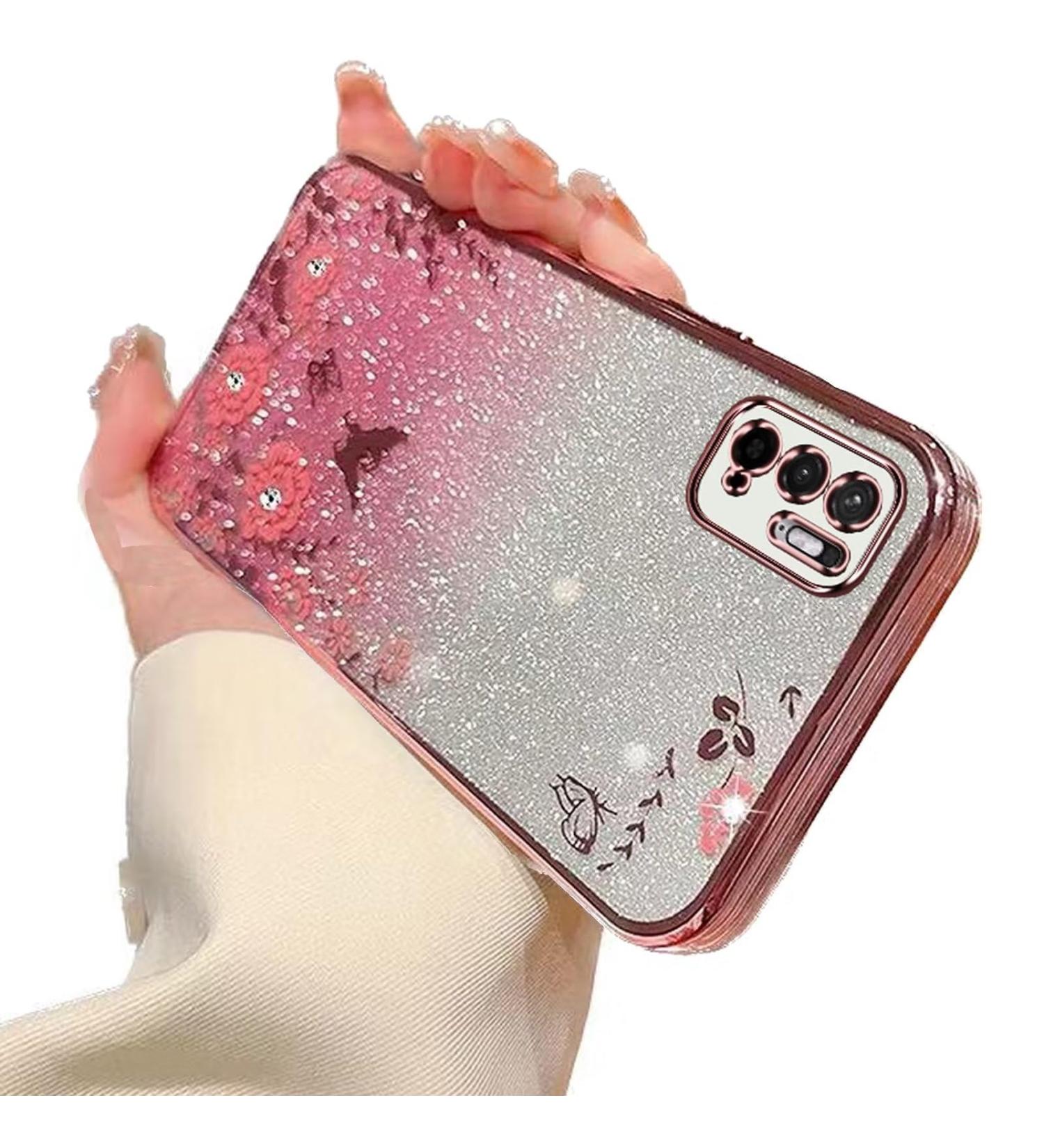Tivenfezk Nadoli Glitter Diamond Case for Xiaomi Redmi Note 10 5G - Sparkle Flower Butterfly Soft Gradient Silicone Cover - Glossy Protective Frame in Pink - Buy Online on GoSupps.com