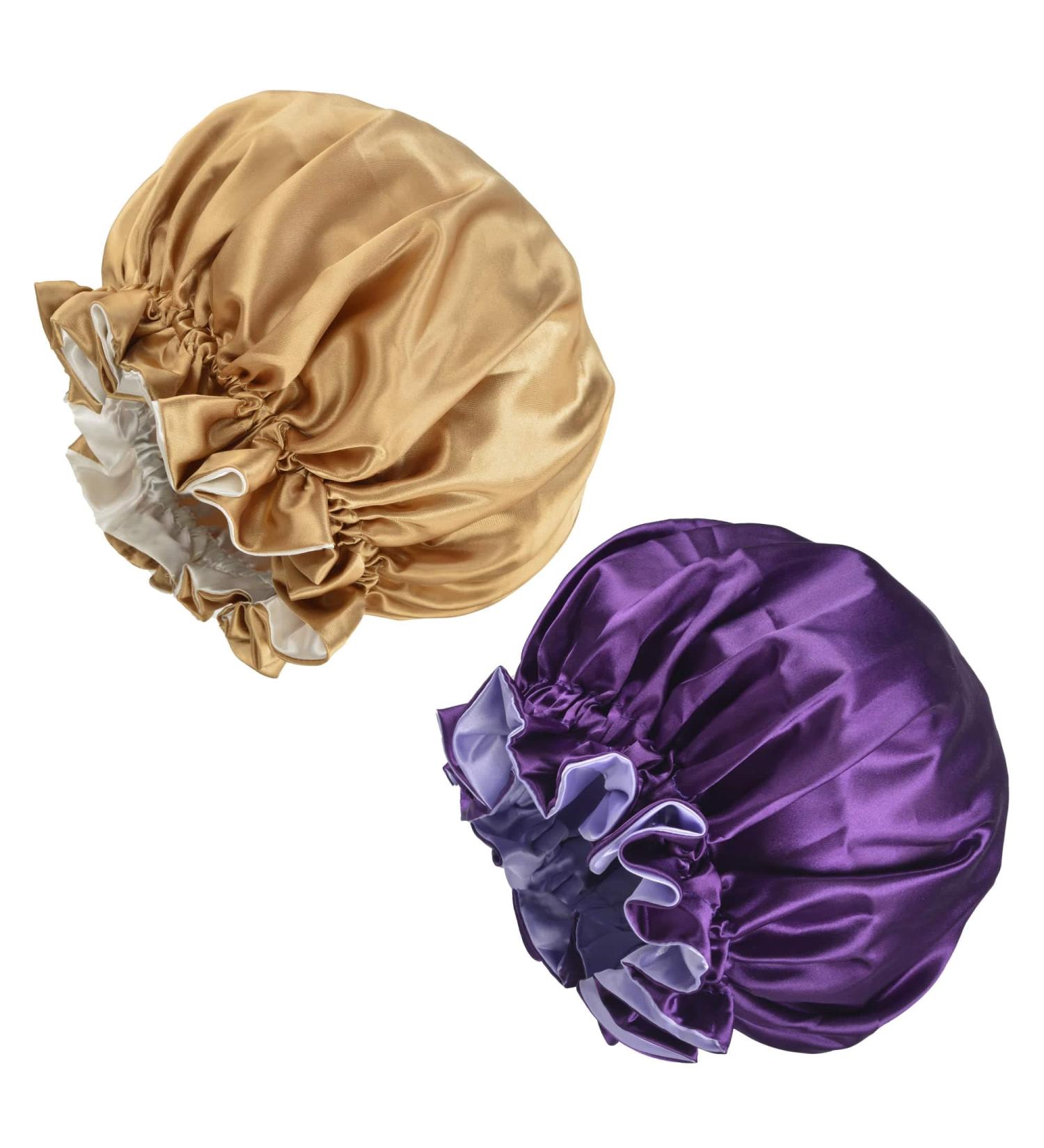 COOLCHI Satin Bonnet Cap Set for Women - Adjustable Silk Hair Wrap for Long Curly Hair - Khaki & Purple - Buy Online on GoSupps.com