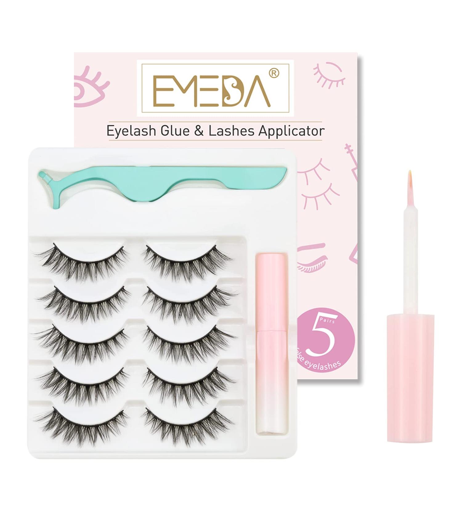 EMEDA 3D Natural False Lashes with Glue 5 Pairs Fluffy False Cat Eye Lashes Multipack Thick and Long False Eyelashes With Glue Strip Fake Lashes With Applicator False Lashes Kit (A9) - Buy Online on GoSupps.com