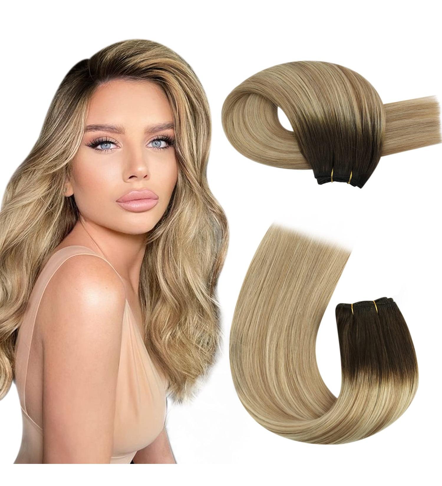 Moresoo Human Hair Weft Extensions Balayage Sew in Hair Extensions 22 Inch 100g - Brown Ombre to Light Brown with Medium Blonde Double Weft #3/8/22 - Buy Online on GoSupps.com