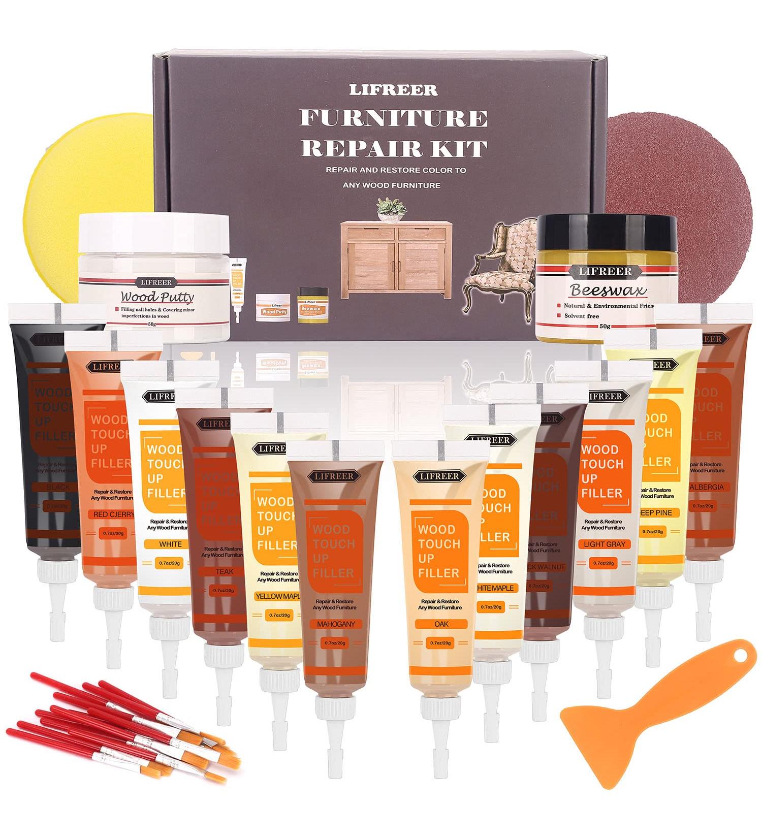 Lifreer Wood Furniture Repair Kit - High-Performance Wood Filler with Beeswax - 26 Pcs for Hardwood Floor Scratch, Cracks, Holes, Laminate, Table, Door - Buy Online on GoSupps.com