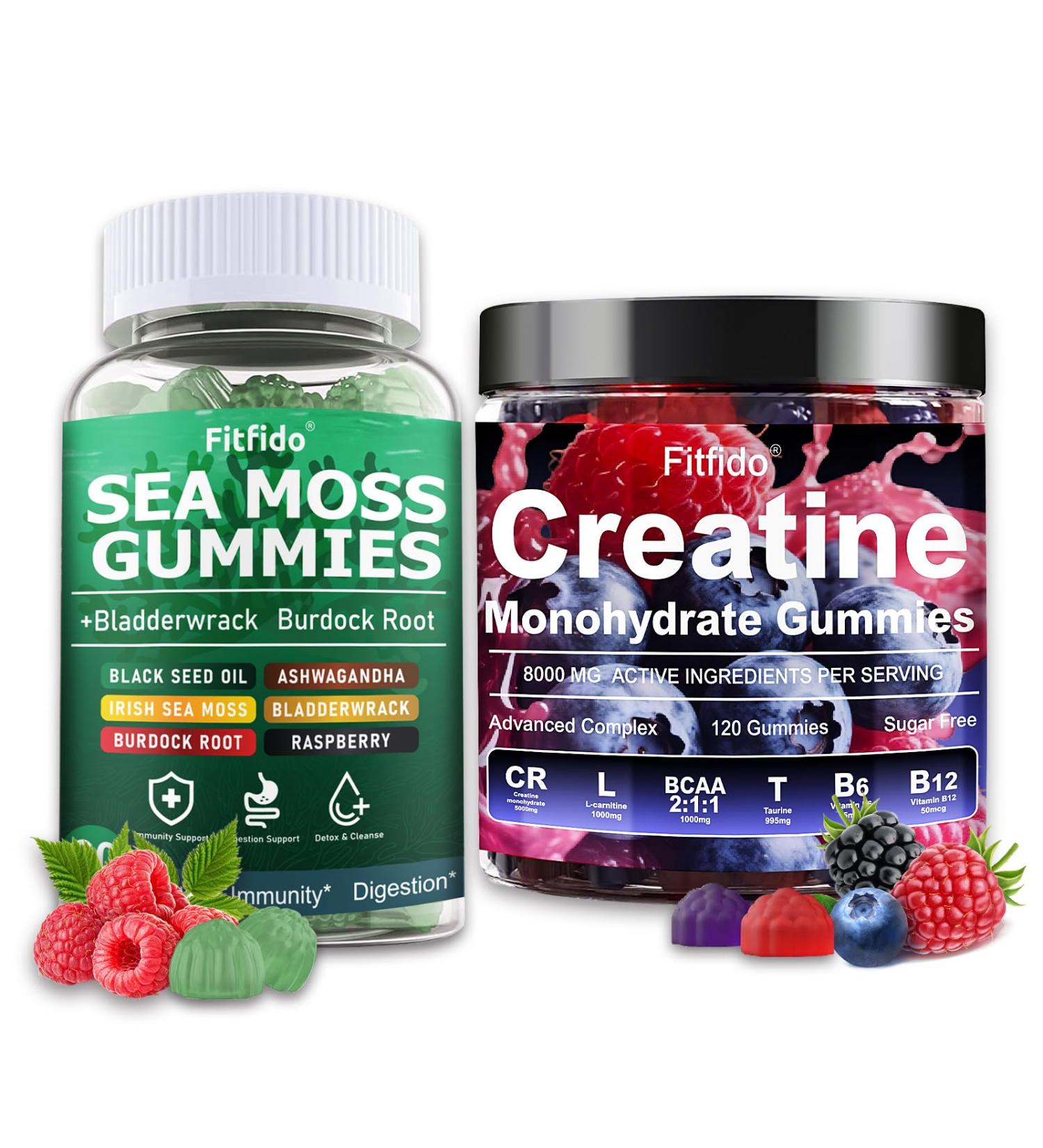 Fitfido Creatine Monohydrate Gummies 8000mg + Irish Sea Moss 3000mg Gummies Support for Muscles Immune Thyroid & Wellbeing Vegan Sugar Free 2-Pack Supplement Bundle - Buy Online on GoSupps.com