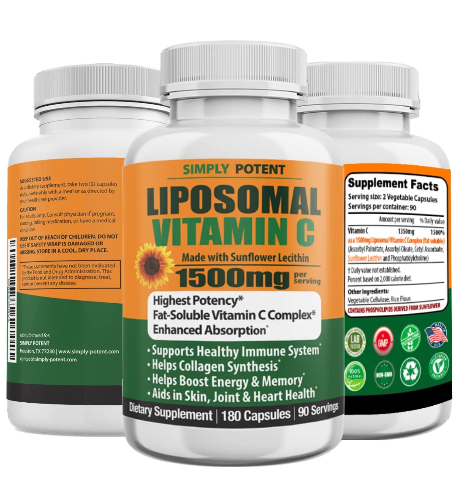 High Strength Liposomal Vitamin C 1500mg Capsules - Powerful Antioxidant for Immune Support, Collagen Production & Heart Health - Buy Online on GoSupps.com