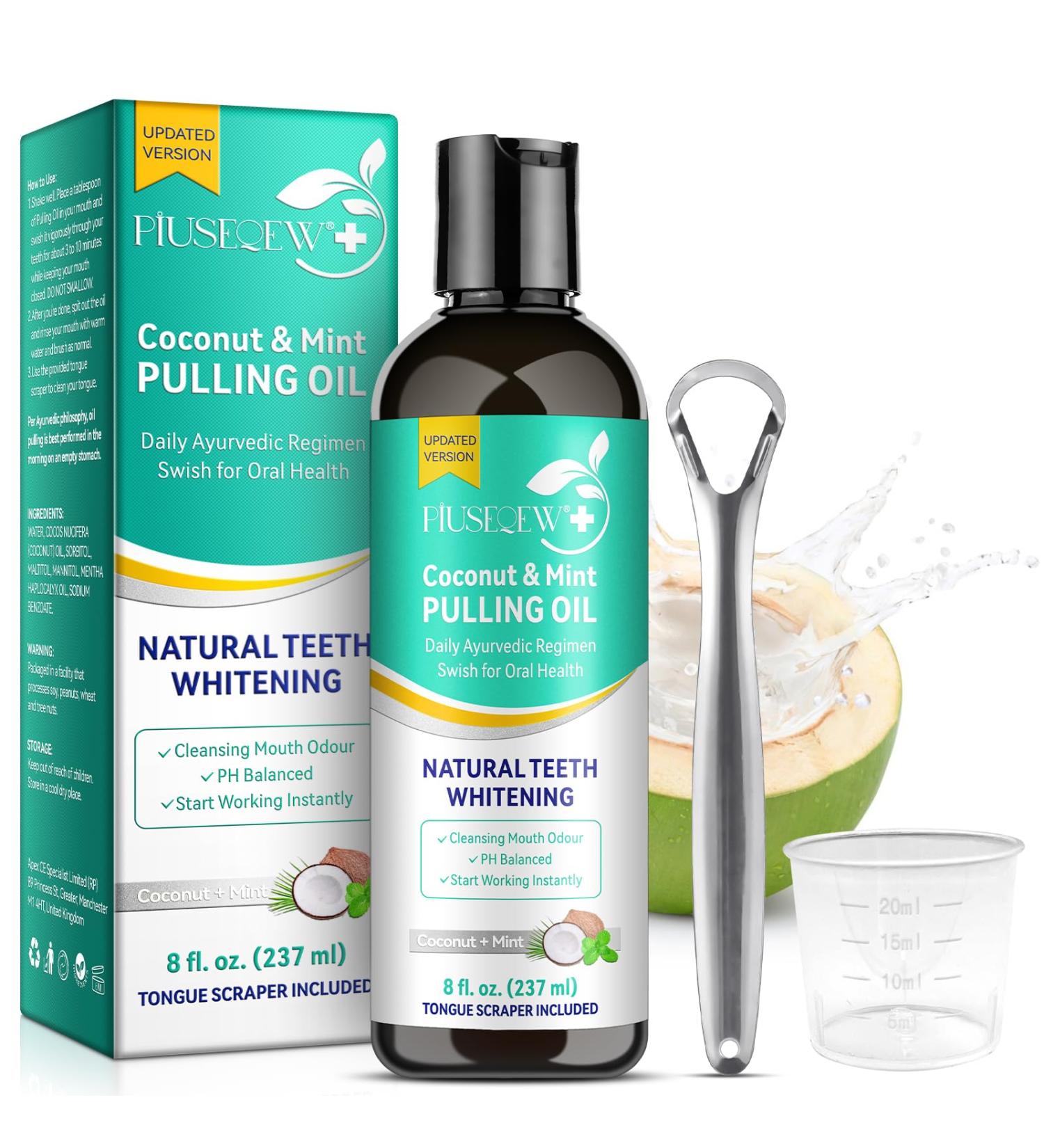 Natural Oral Pull Oil with Coconut & Peppermint - Fresh Breath & Teeth Whitening | 8 fl. Oz - Includes Tongue Scraper - Buy Online on GoSupps.com