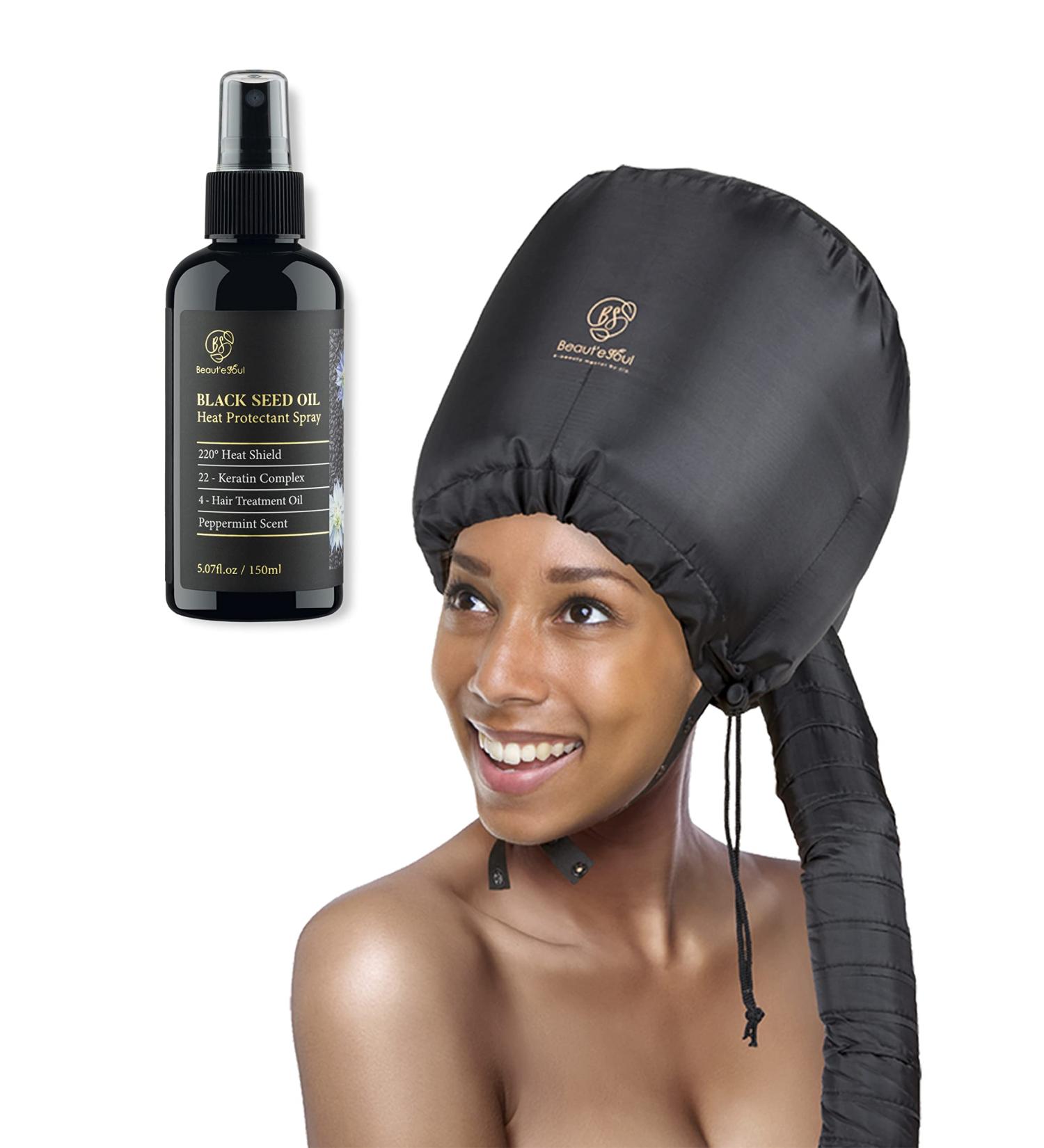 BEAUT E SEOUL Hair Dryer Bonnet Attachment & Black Seed Argan Oil Spray Set - Adjustable Hood & Keratin Leave-In Conditioner 5oz - Buy Online on GoSupps.com