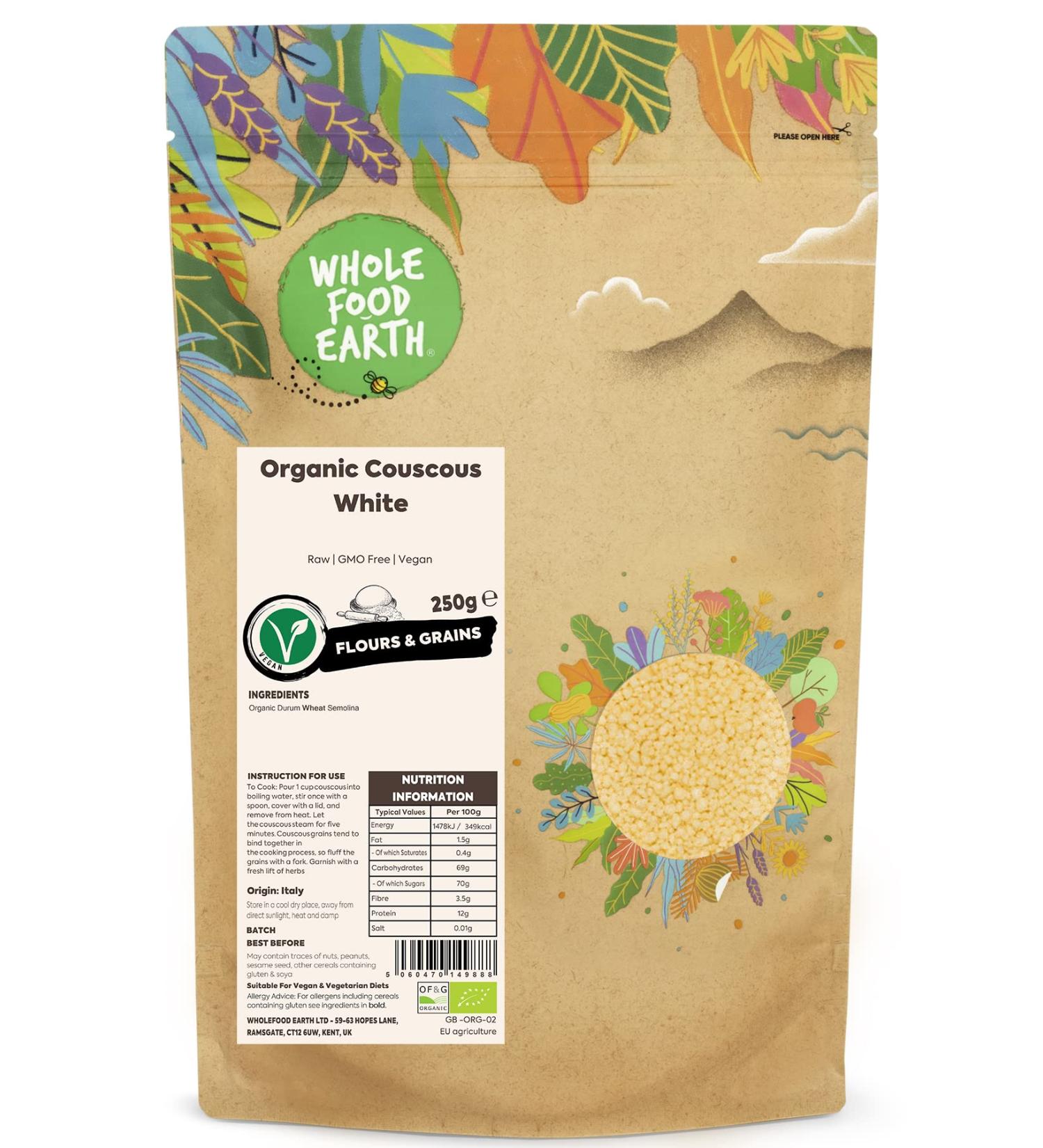 Wholefood Earth Organic White Couscous 250g - Raw, GMO Free, Vegan | Certified Organic - Buy Online on GoSupps.com