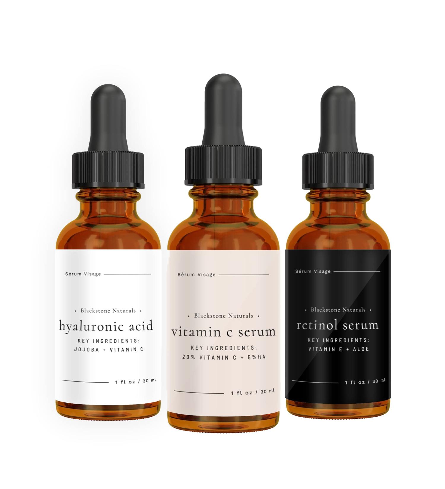 Blackstone Age Defying Facial Serum Set | Vitamin C Retinol & Hyaluronic Acid - 3 Pack for Day & Night - All Natural Moisturizing Skincare - Buy Online on GoSupps.com