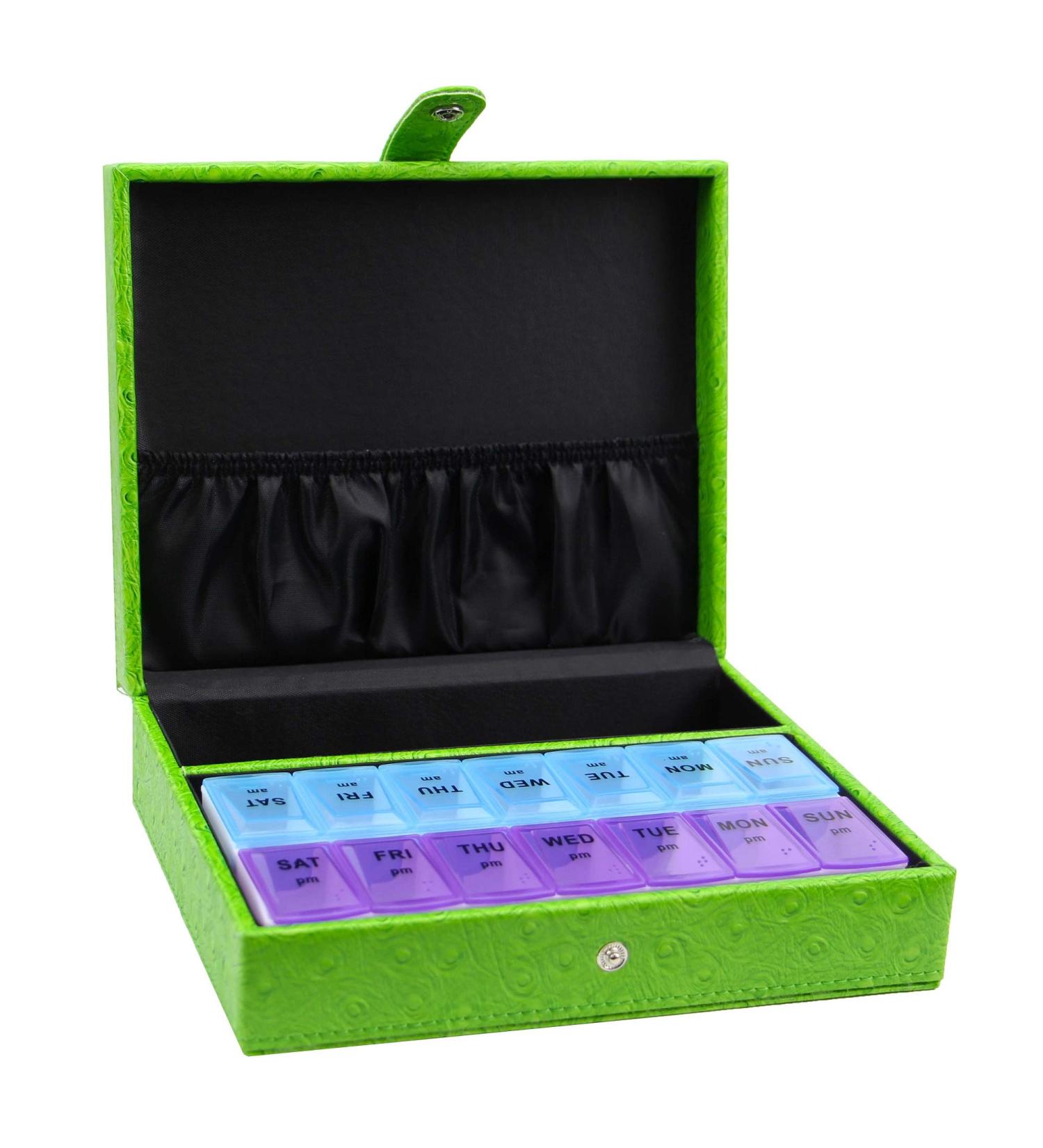 Leather 7 Day AM/PM Pill Organizer - Green | International Shipping Available - Buy Online on GoSupps.com