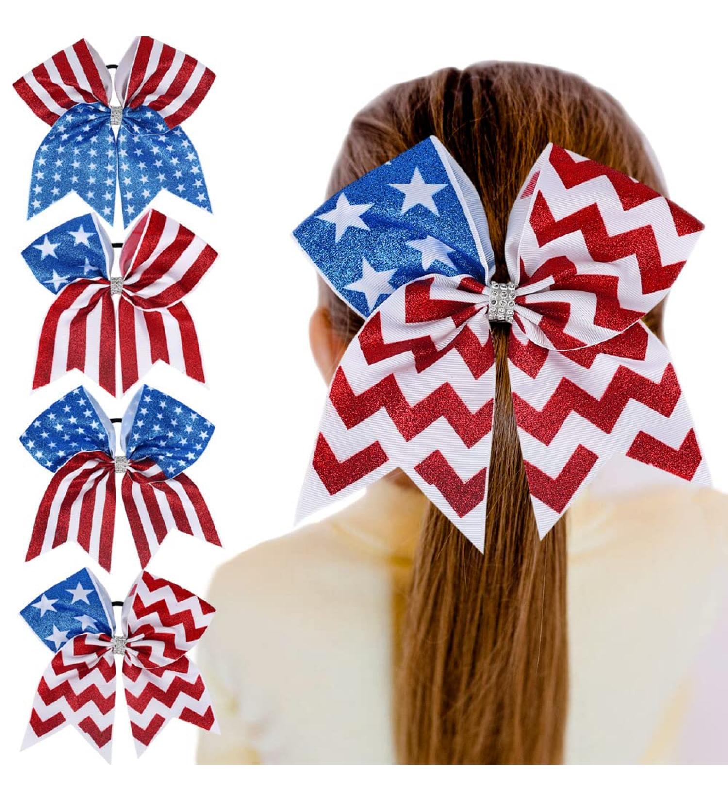 Nishine 8 American Flag Glitter Ribbon Cheer Hair Bows Set for Girls - 4th of July Ponytail Holder Hair Ties - Buy Online on GoSupps.com