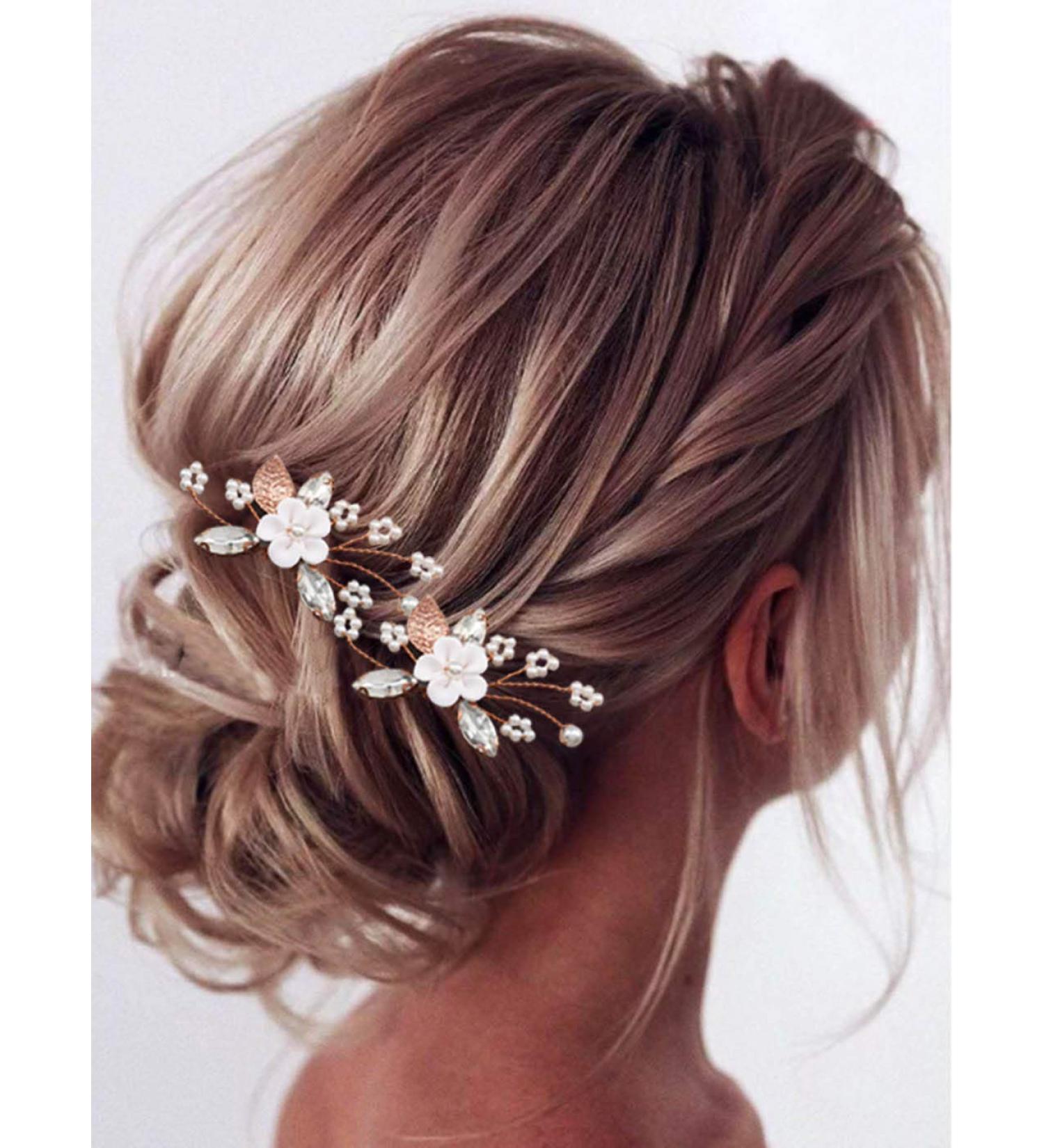 Flower Bride Wedding Hair Pins - Pearl & Crystal Hair Accessories (Pack of 2) - Rose Gold - Buy Online on GoSupps.com