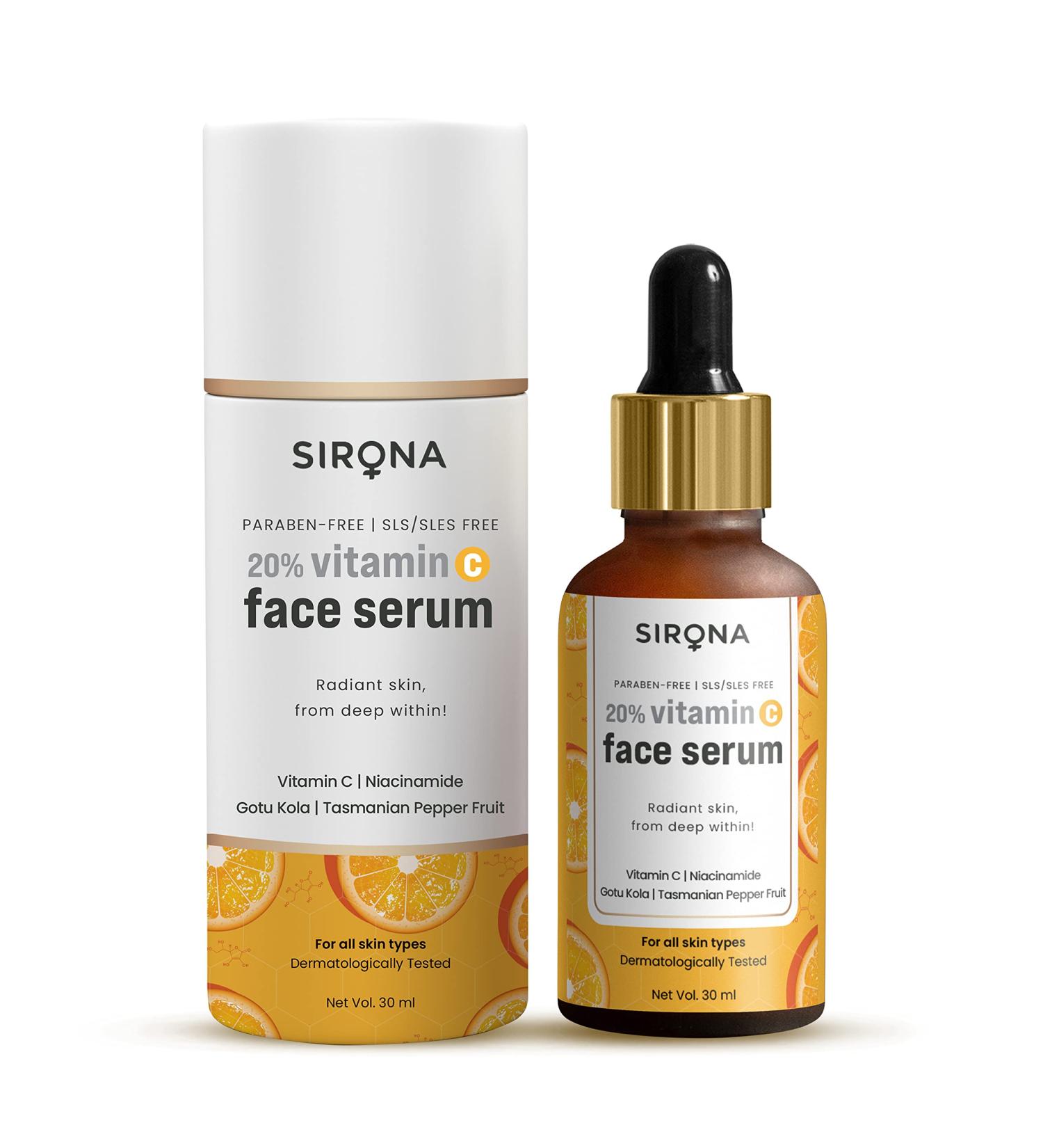 Sirona 20% Vitamin C Face Serum - Repair Skin Damage Heal Dark Spots & Radiant Skin - 30 ml | Niacinamide Gotu Kola & Tasmanian Pepper for Men & Women - Buy Online on GoSupps.com